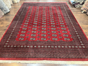 Turkoman Rug 8 x 11.6, Red Bokhara Pakistani Carpet, Wool Handmade Vintage Rug