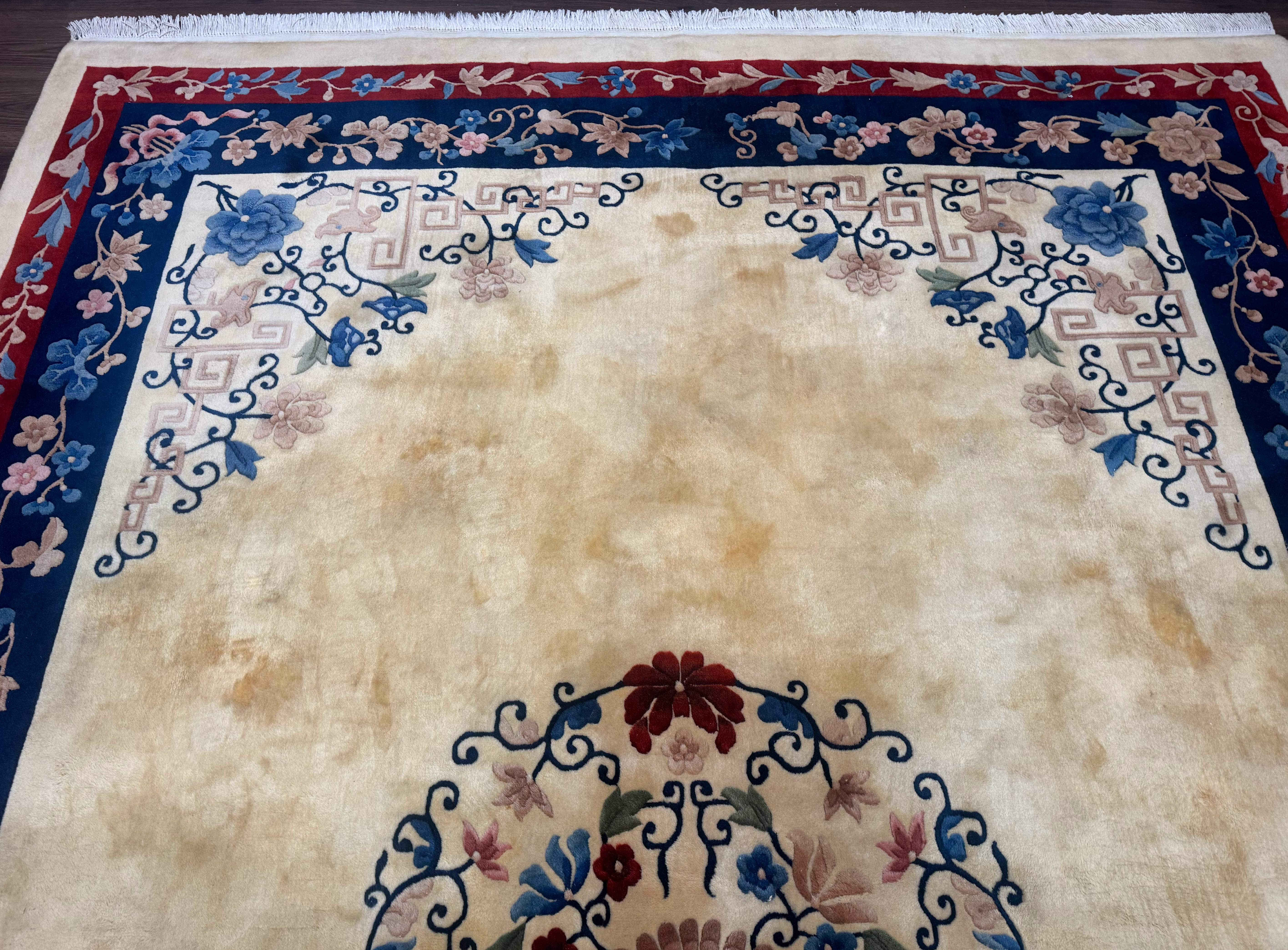 Chinese Rug 10x14 – Cream and Navy, 90 Line Vintage Wool Carpet - Jewel Rugs