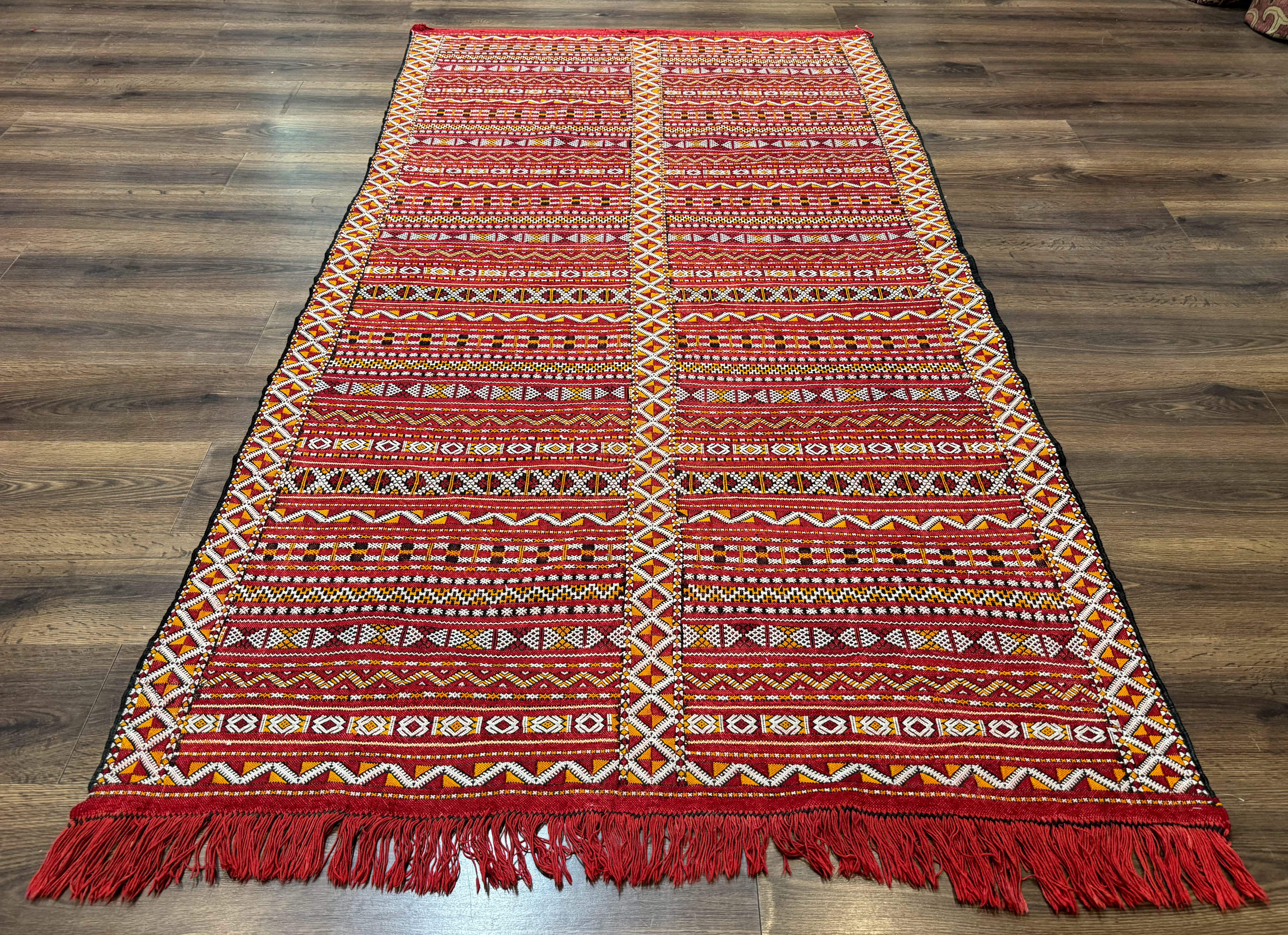 Moroccan Kilim Rug 4x8, Flatweave, Bohemian, Red Ivory Orange - Jewel Rugs