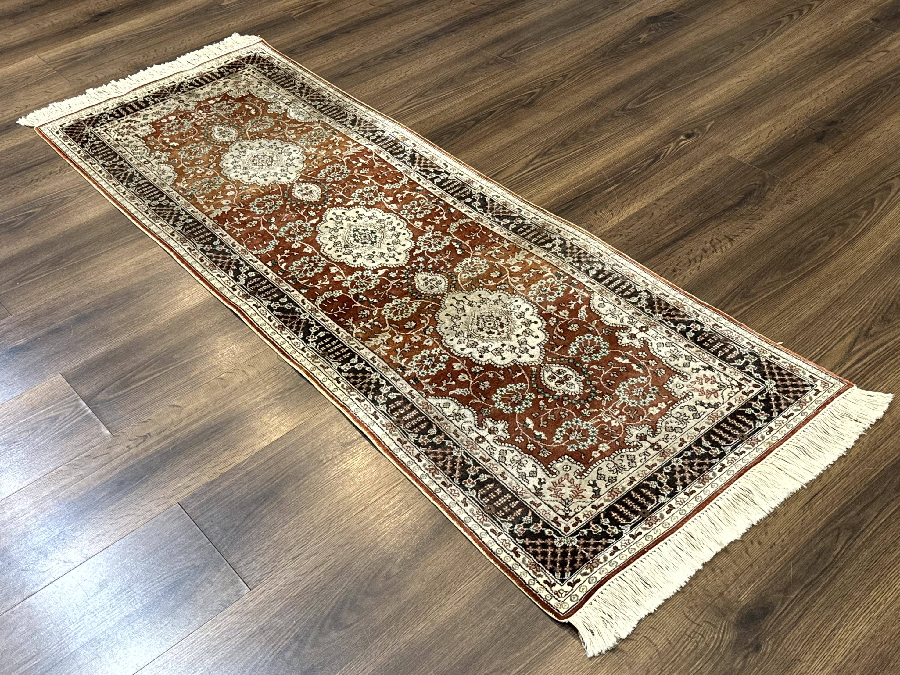 Turkish Silk Narrow Runner Rug 2 x 5.8, Very Fine 340 KPSI, Floral Medallions, Red - Jewel Rugs
