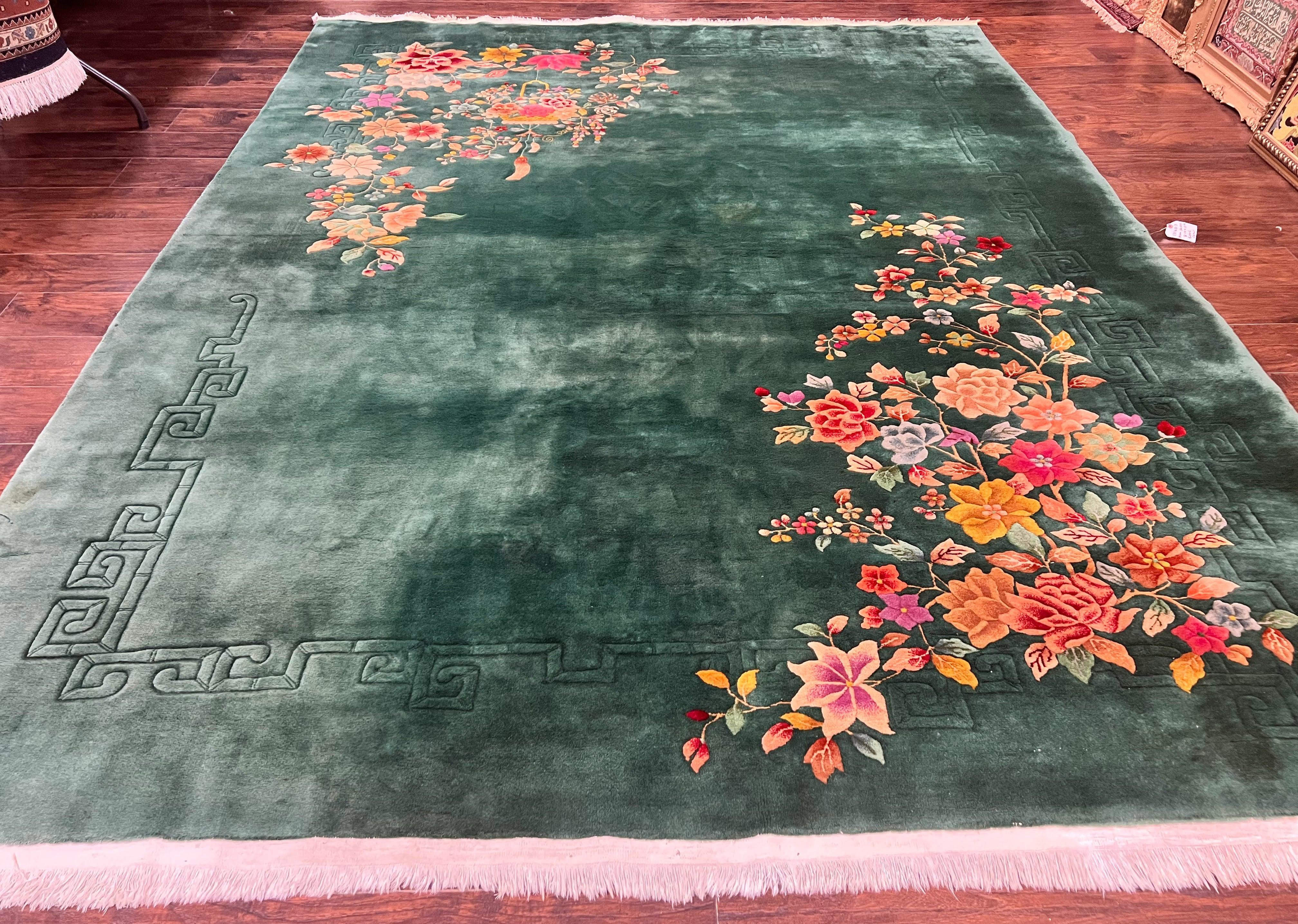 Green Chinese Art Deco Rug 9 x 11.6, Simple Design, Floral, Chinese Wool Carpet, Vintage Semi Antique, Nichols Rug, Handmade - Jewel Rugs
