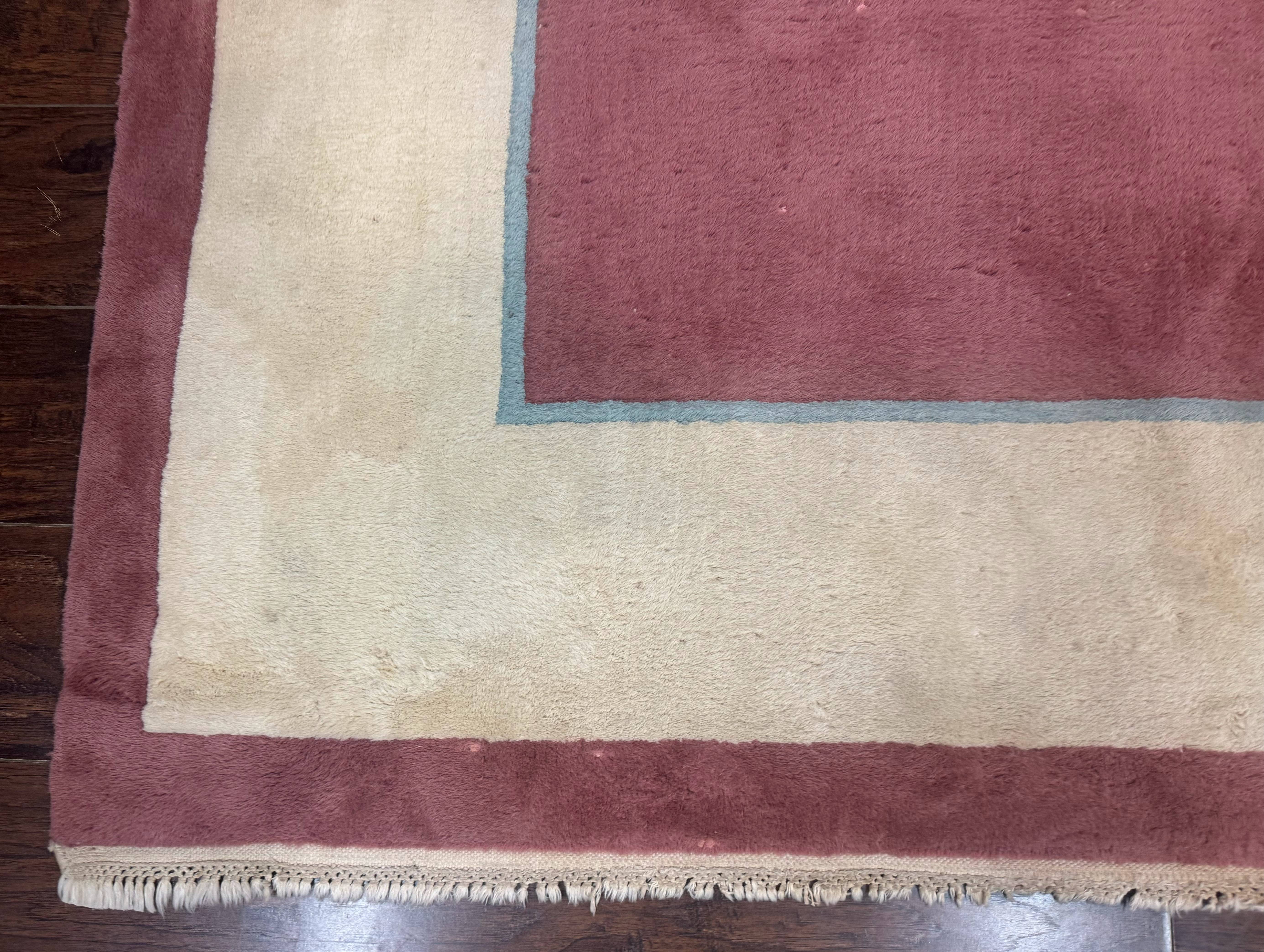 Indo Chinese Art Deco Rug 9x12, Pink and Ivory, Open Filed, Floral, Wool - Jewel Rugs