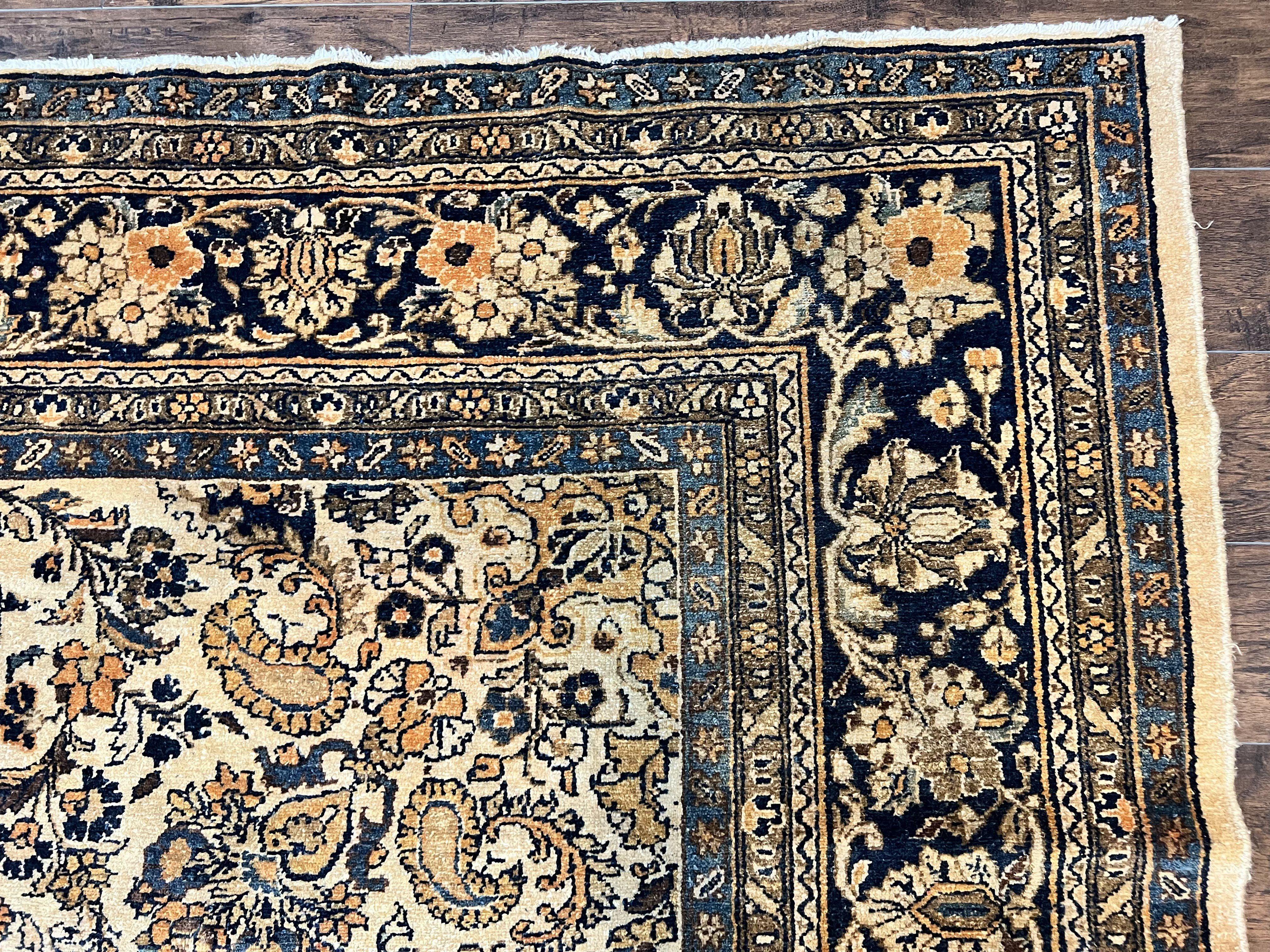 Antique Persian Rug 9x11, Wool Handmade 1920s Oriental Carpet, Persian Hamadan Anjelas Rug, Cream Black, Floral Allover Oriental Rug 9 x 11 Room Sized Rug - Jewel Rugs