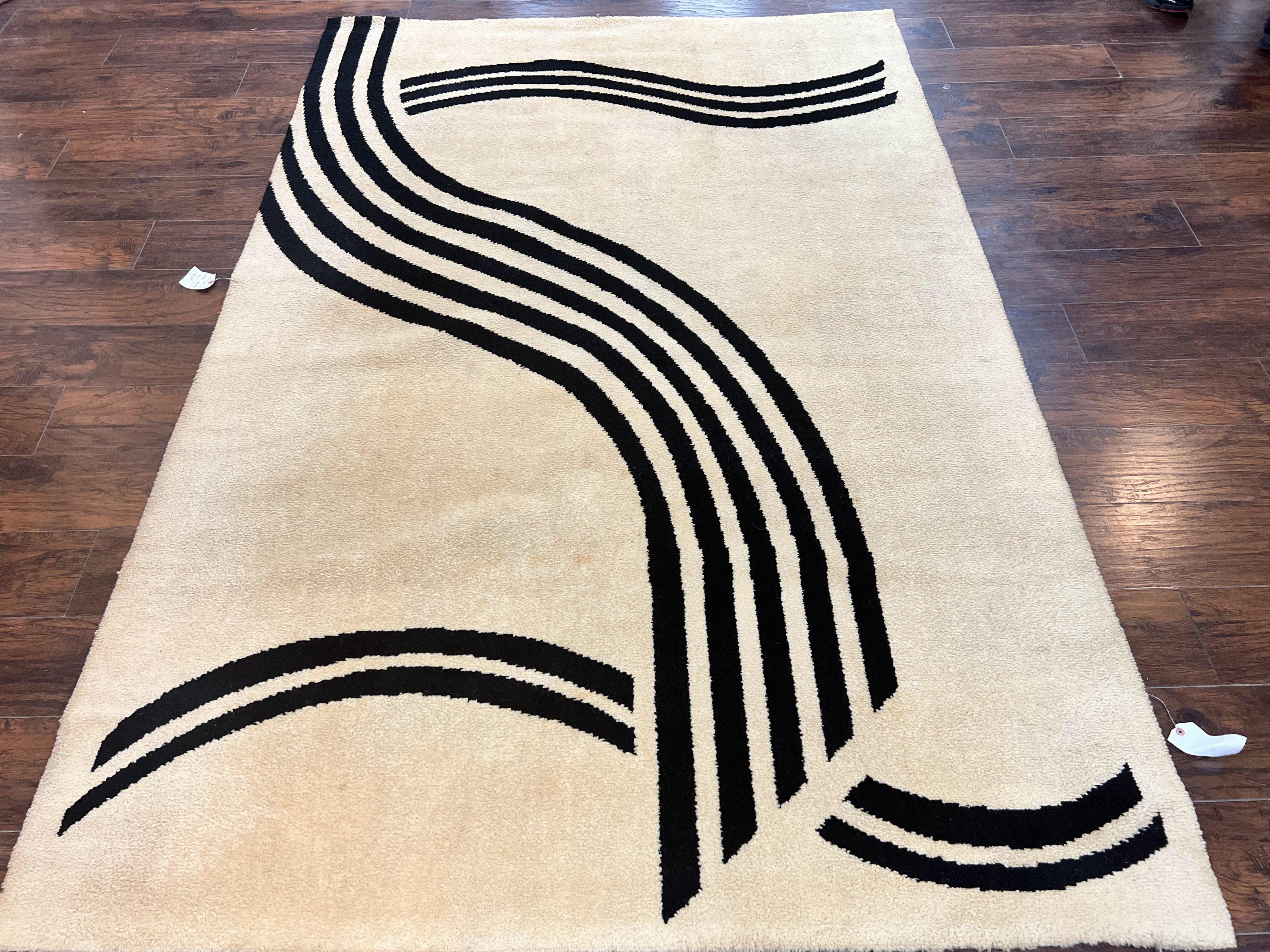 Modern Rug 6x9, Cream and Black, Abstract Pattern - Jewel Rugs