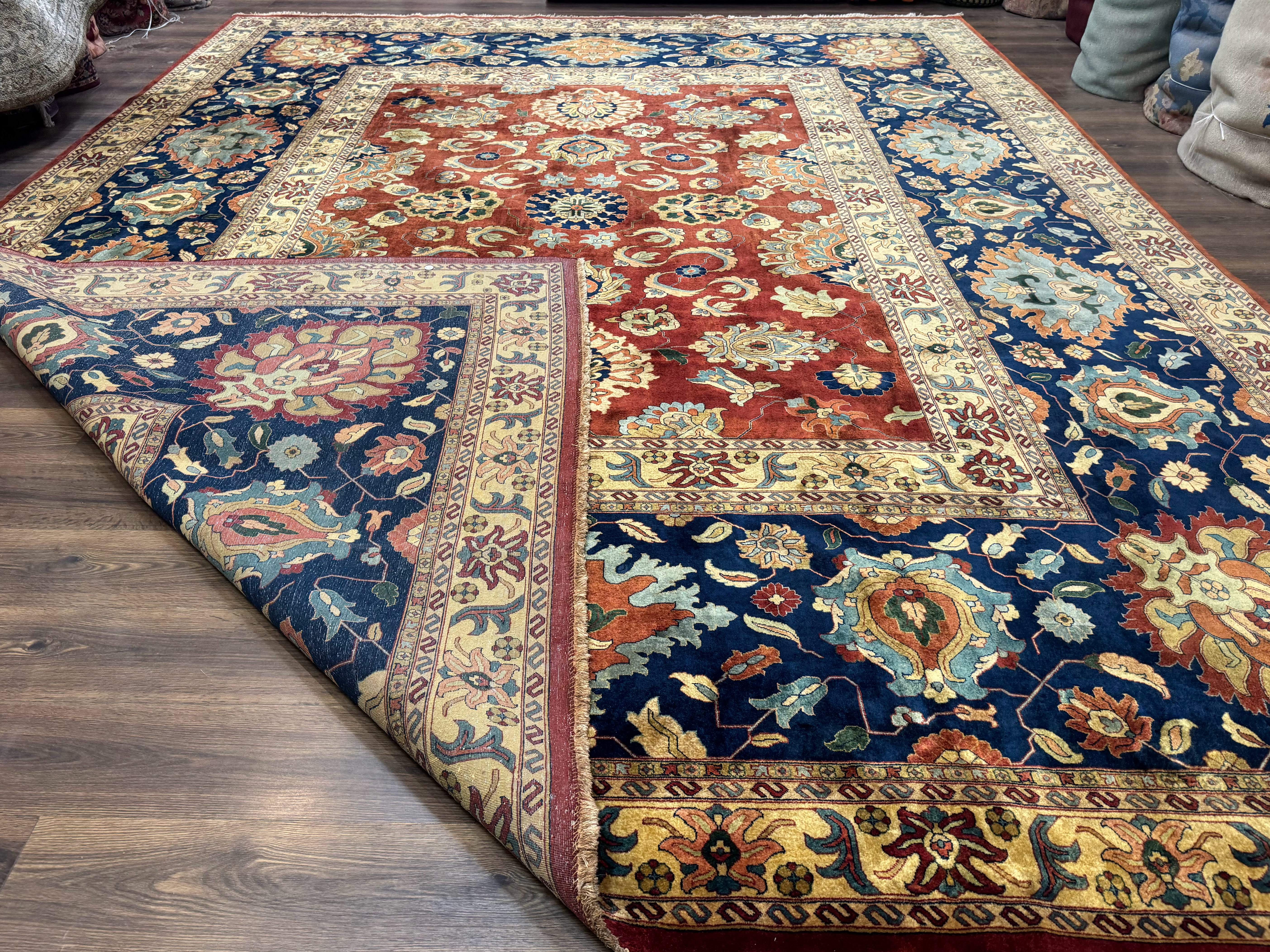 Palace Size Indo Persian Rug 12x15, Sultanabad Mahal Carpet, Red Navy Blue, Fine 210 KPSI - Jewel Rugs