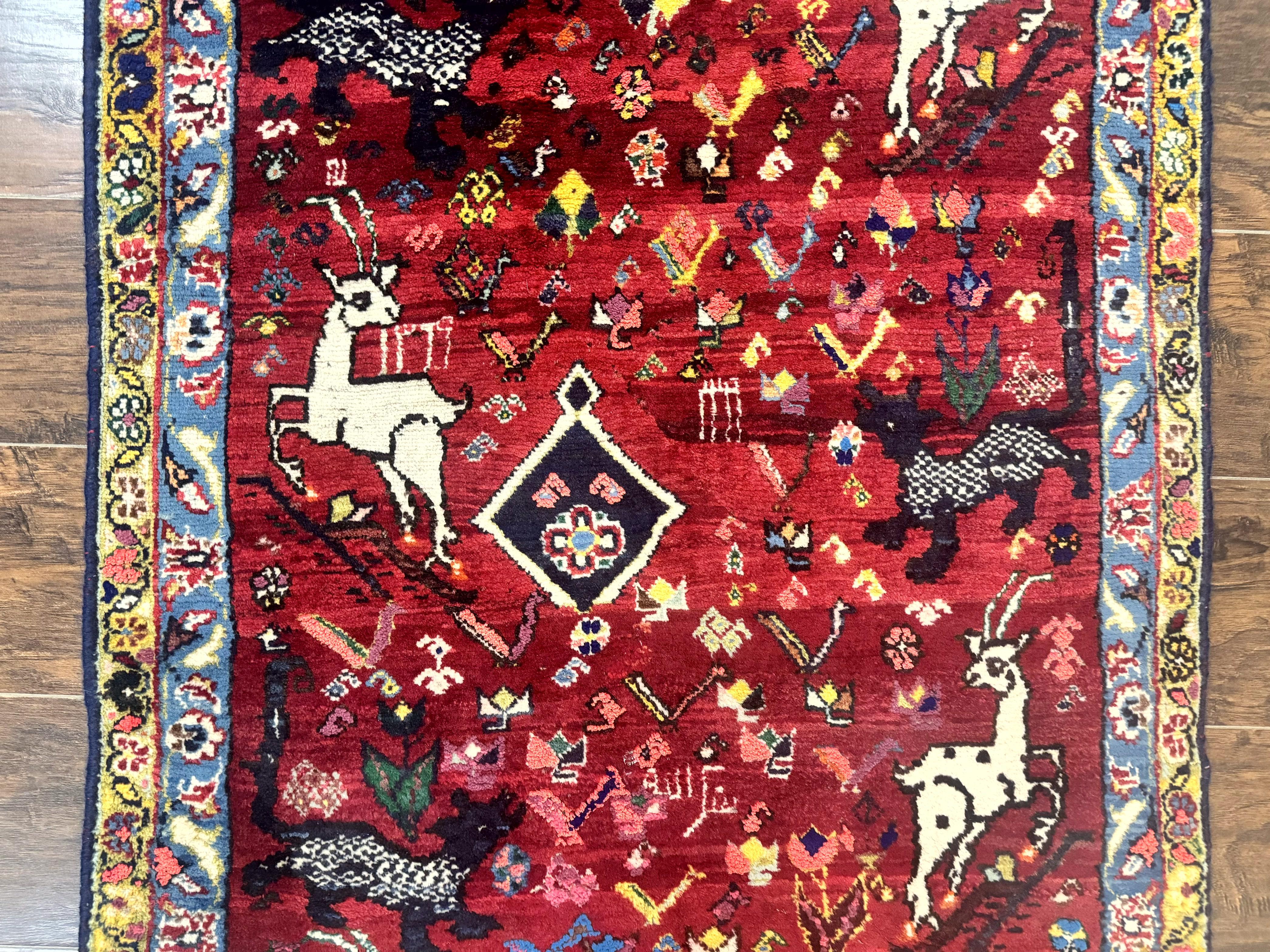 Persian Gabbeh Rug 3x5, Animal Pictorials, Wool and Silk, Handmade Vintage Small Rug, Red - Jewel Rugs