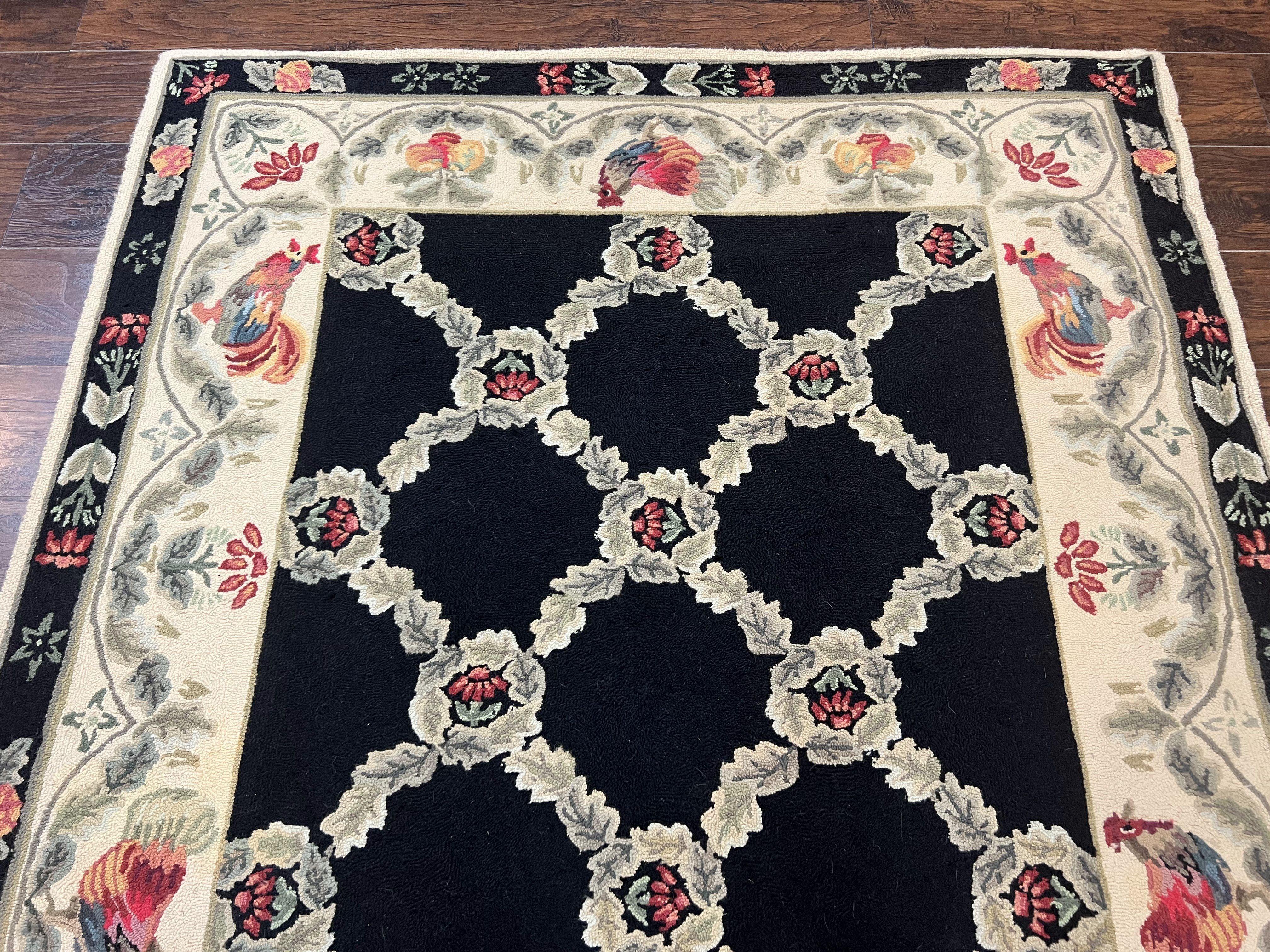Hooked Rug 5x8, European Aubusson Pattern, Black and Ivory, Roses & Roosters, Vintage Wool Rug - Jewel Rugs
