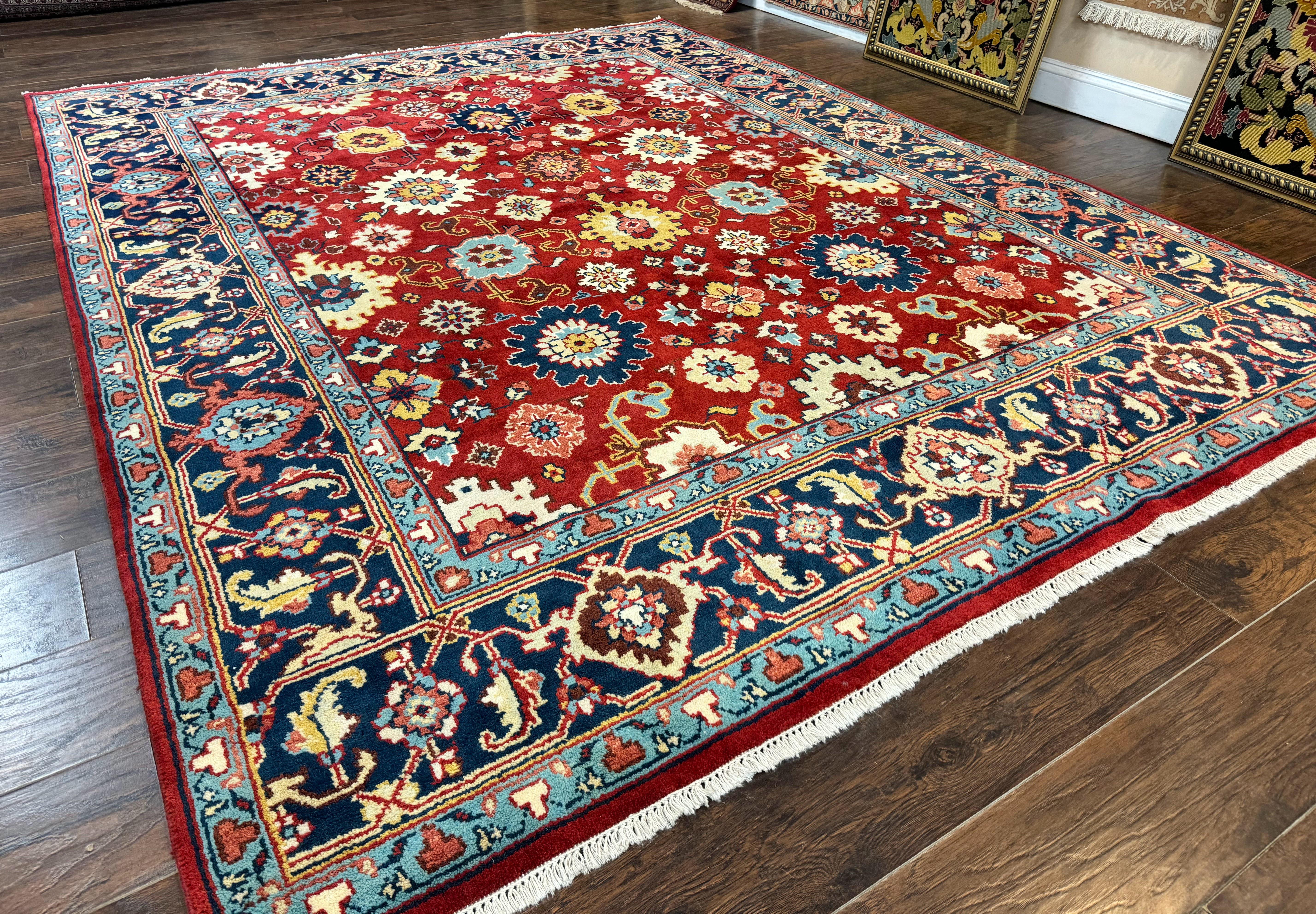 Indo Heriz Rug 8x10, Red and Navy Blue, Allover Pattern, Wool Handmade Carpet - Jewel Rugs