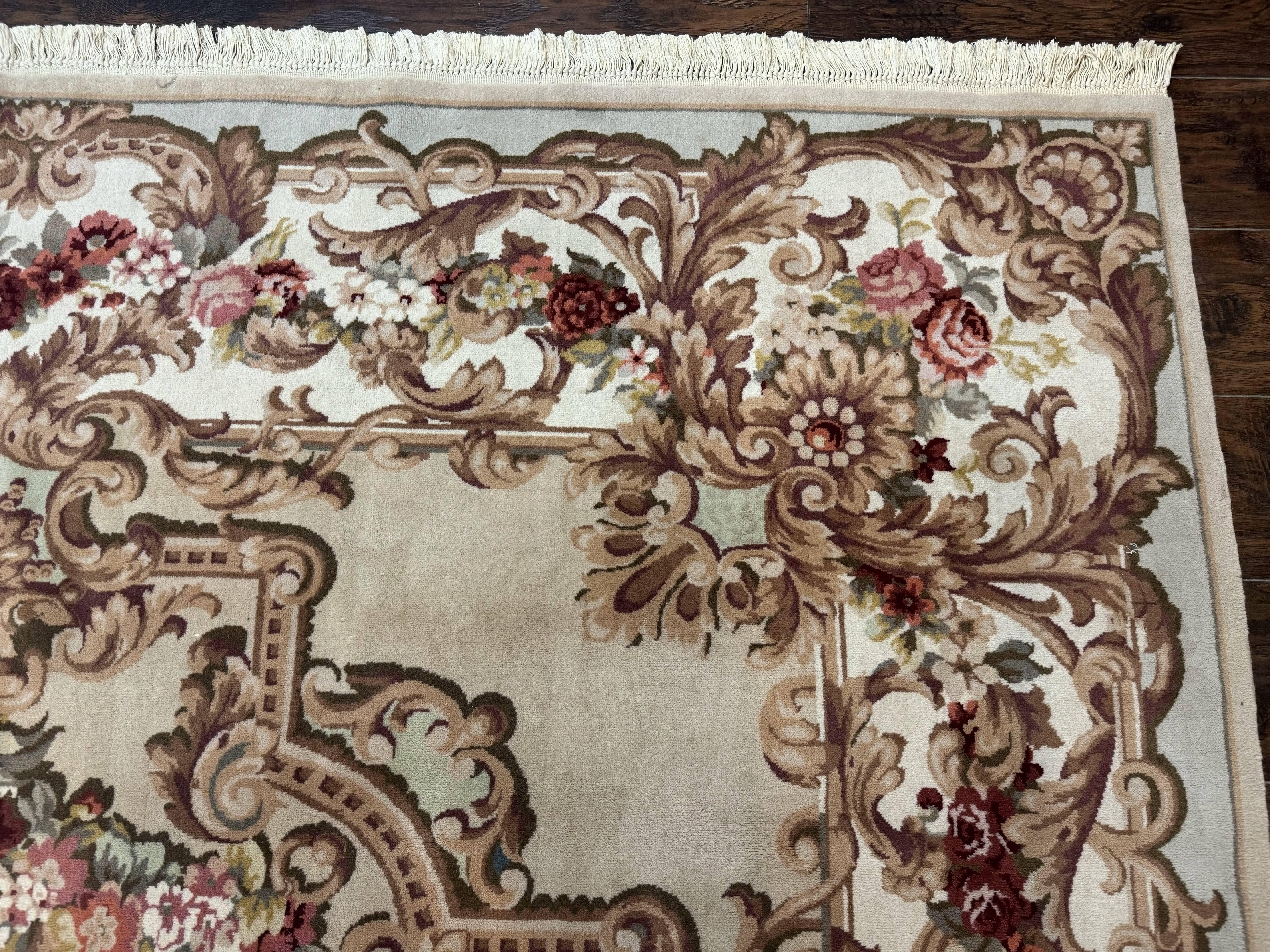 Aubusson Rug 8x12, European French Savonnerie Design, Thick Wool Pile, Elegant Rug, Cream Beige Light Green - Jewel Rugs