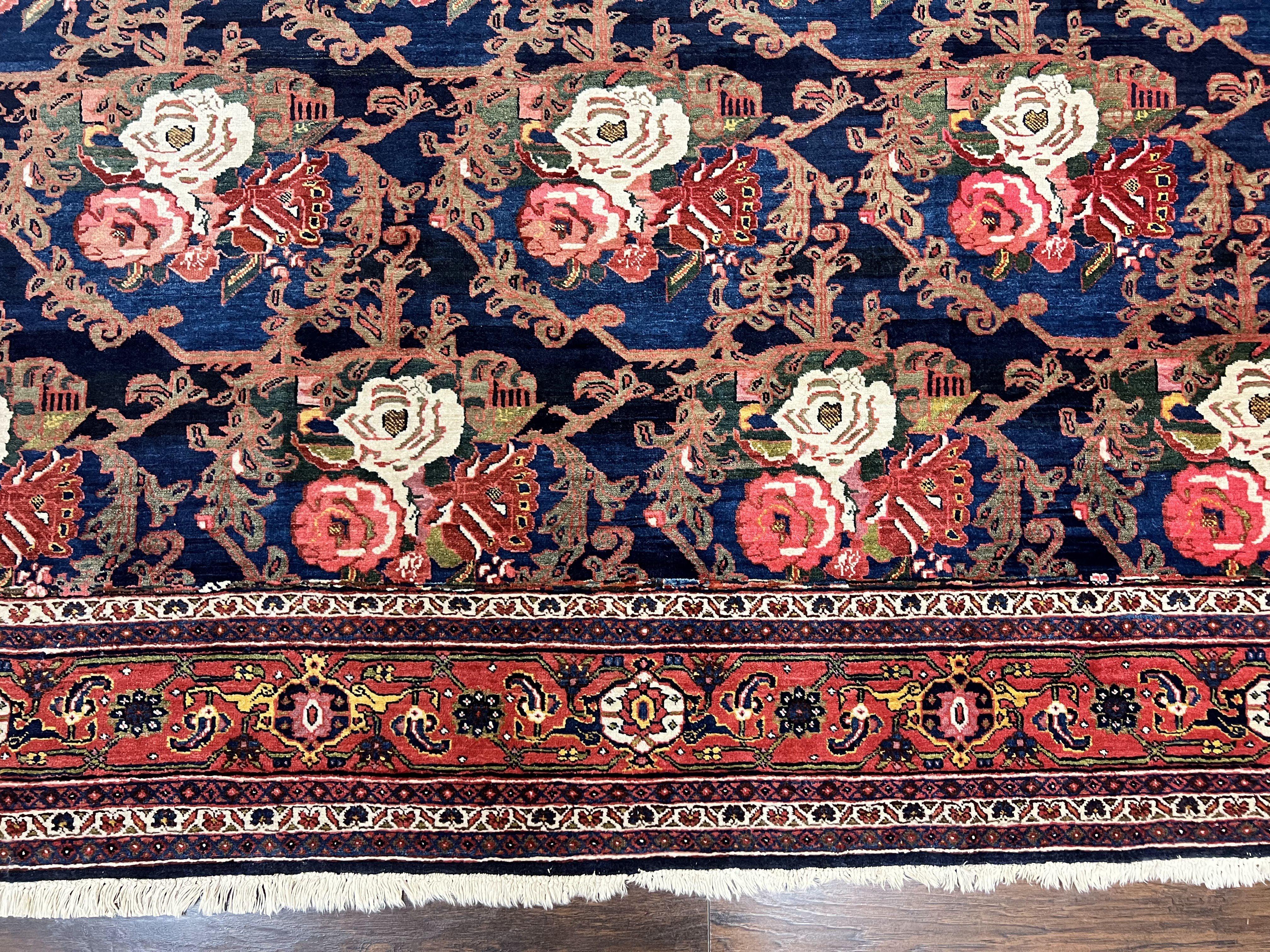 Persian Bidjar Rug 8x11, Floral Bouquets, Blue Black Red Pink, Handmade Hand Knotted Vintage Semi Antique Oriental Carpet - Jewel Rugs