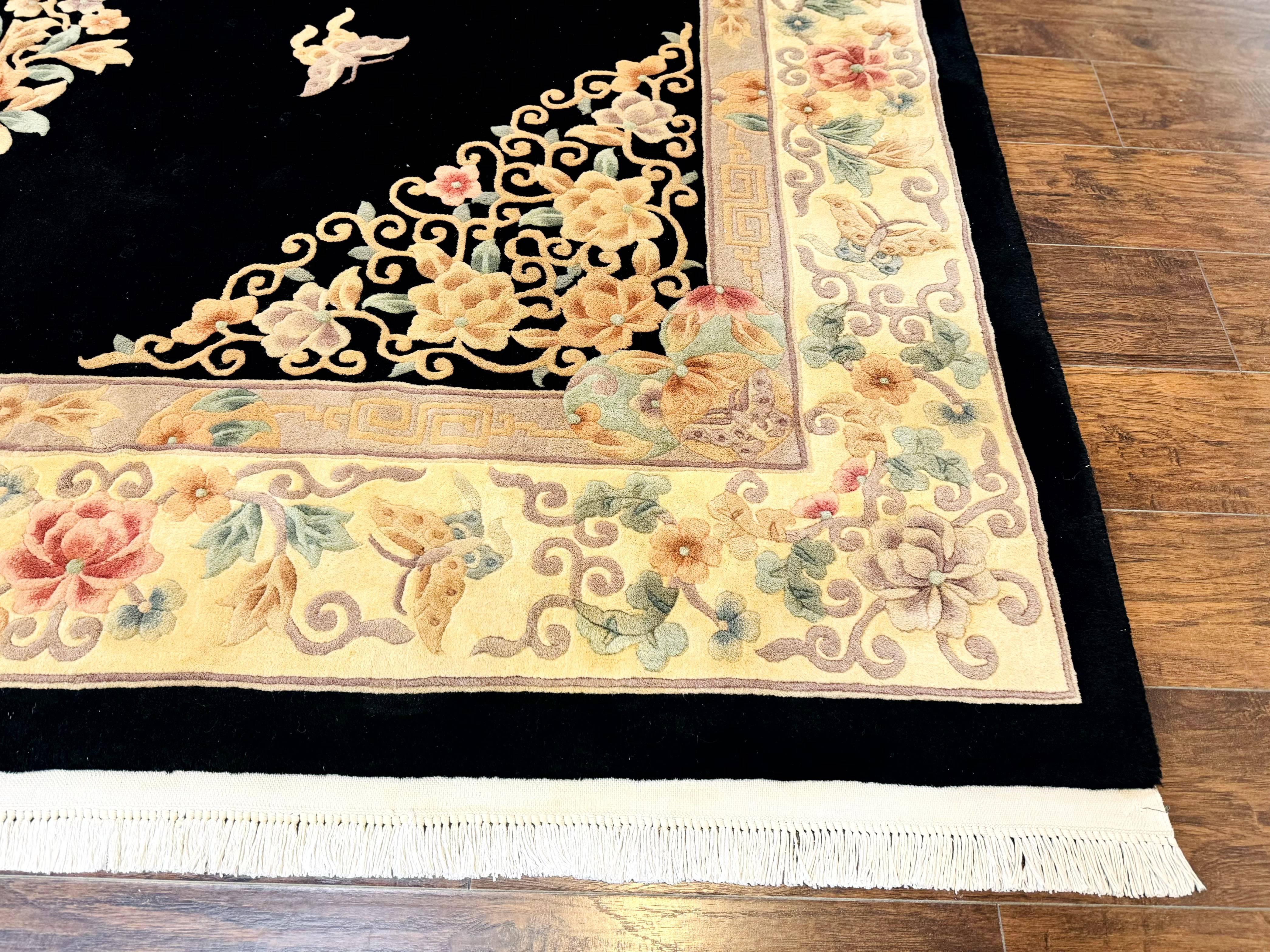 Chinese Wool Rug 9x12, Chinese Carving Carpet, Floral Medallion, Black and Beige, Butterflies, Vintage Asian Oriental Rug, 90 Line Rug - Jewel Rugs