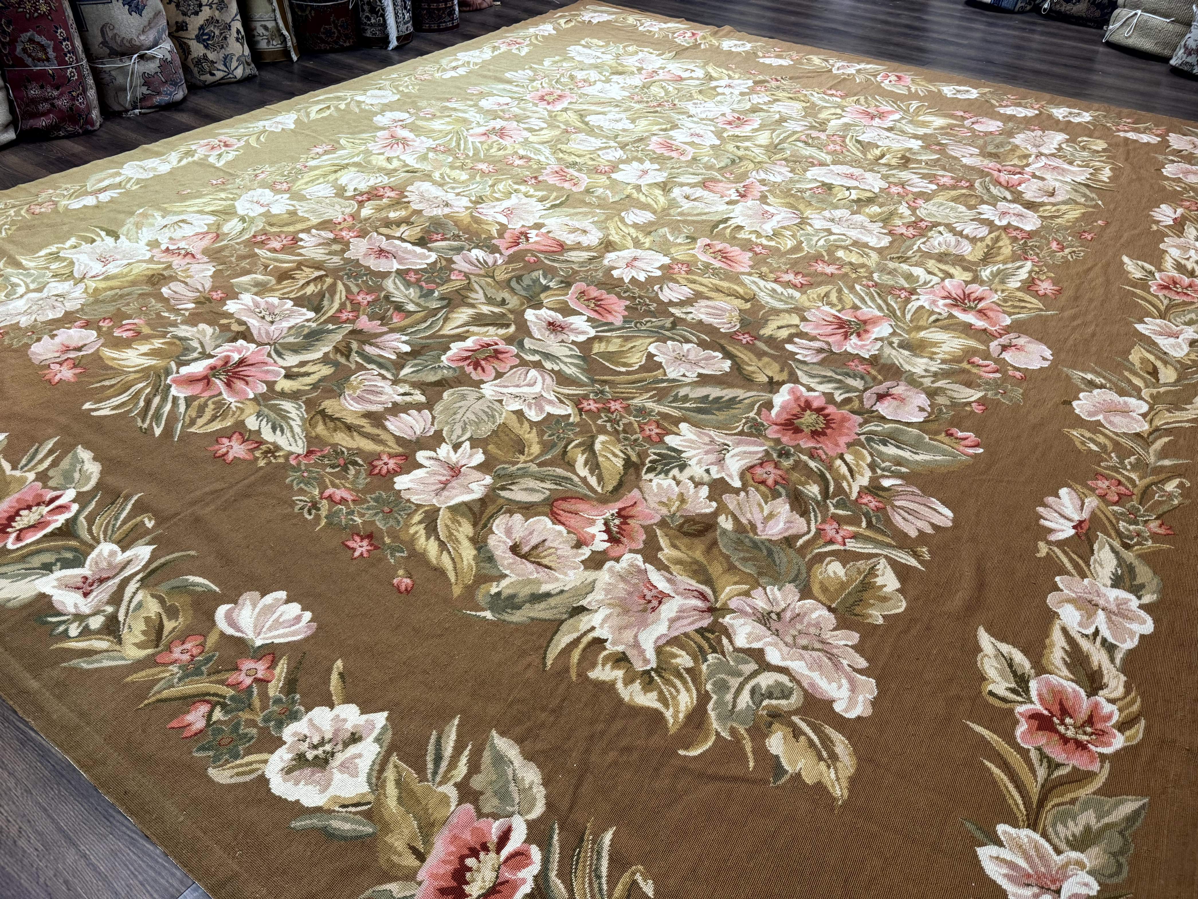 Large Needlepoint Rug 11x14, Vintage Floral Wool Carpet, Caramel - Jewel Rugs