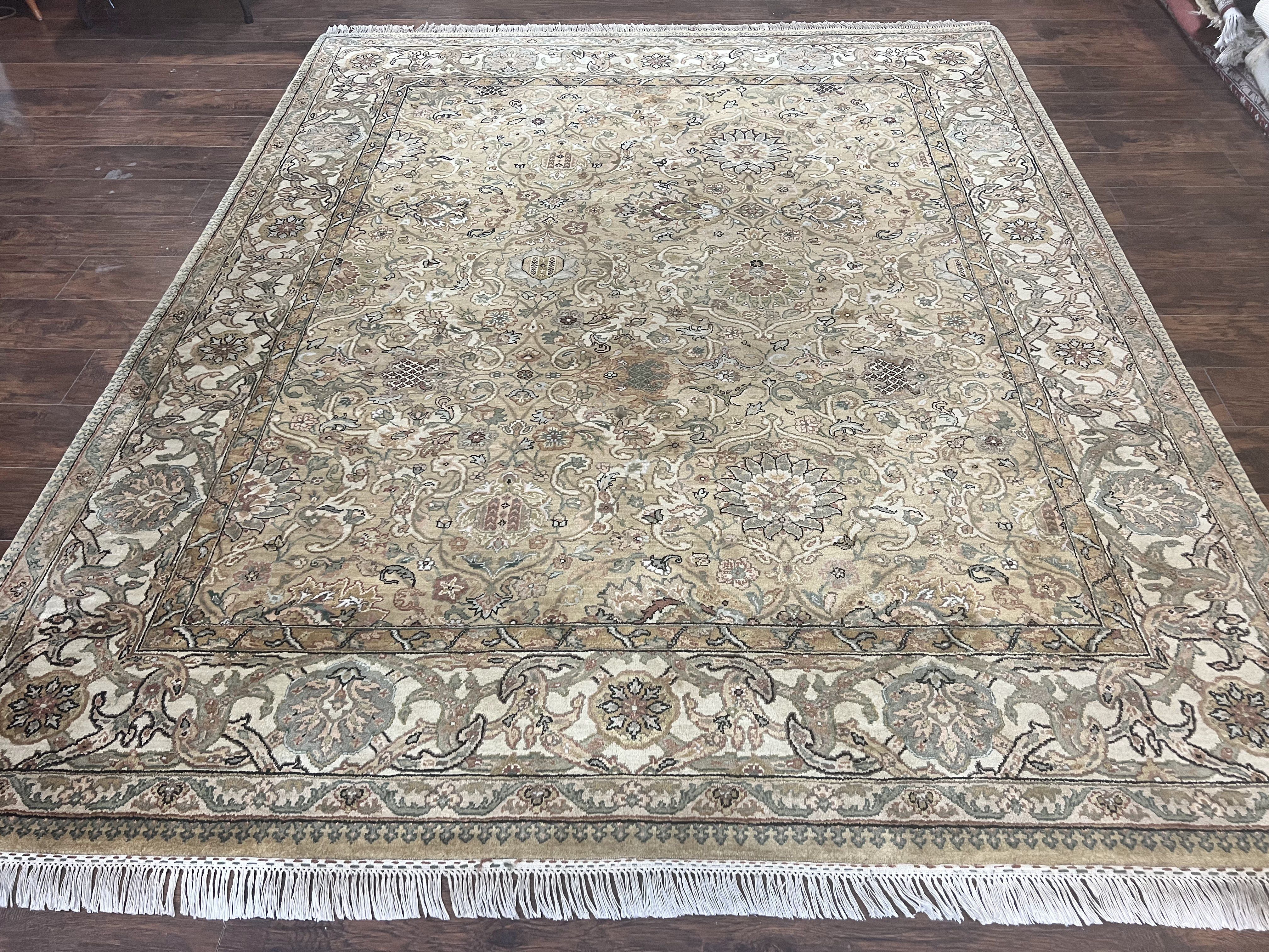 Indo Mahal Rug 8x10, Indian Jaipur Rug 8 x 10 ft, Wool Indo Persian Carpet, Handmade Traditional Floral Area Rug, Olive Green, Vintage Rug - Jewel Rugs