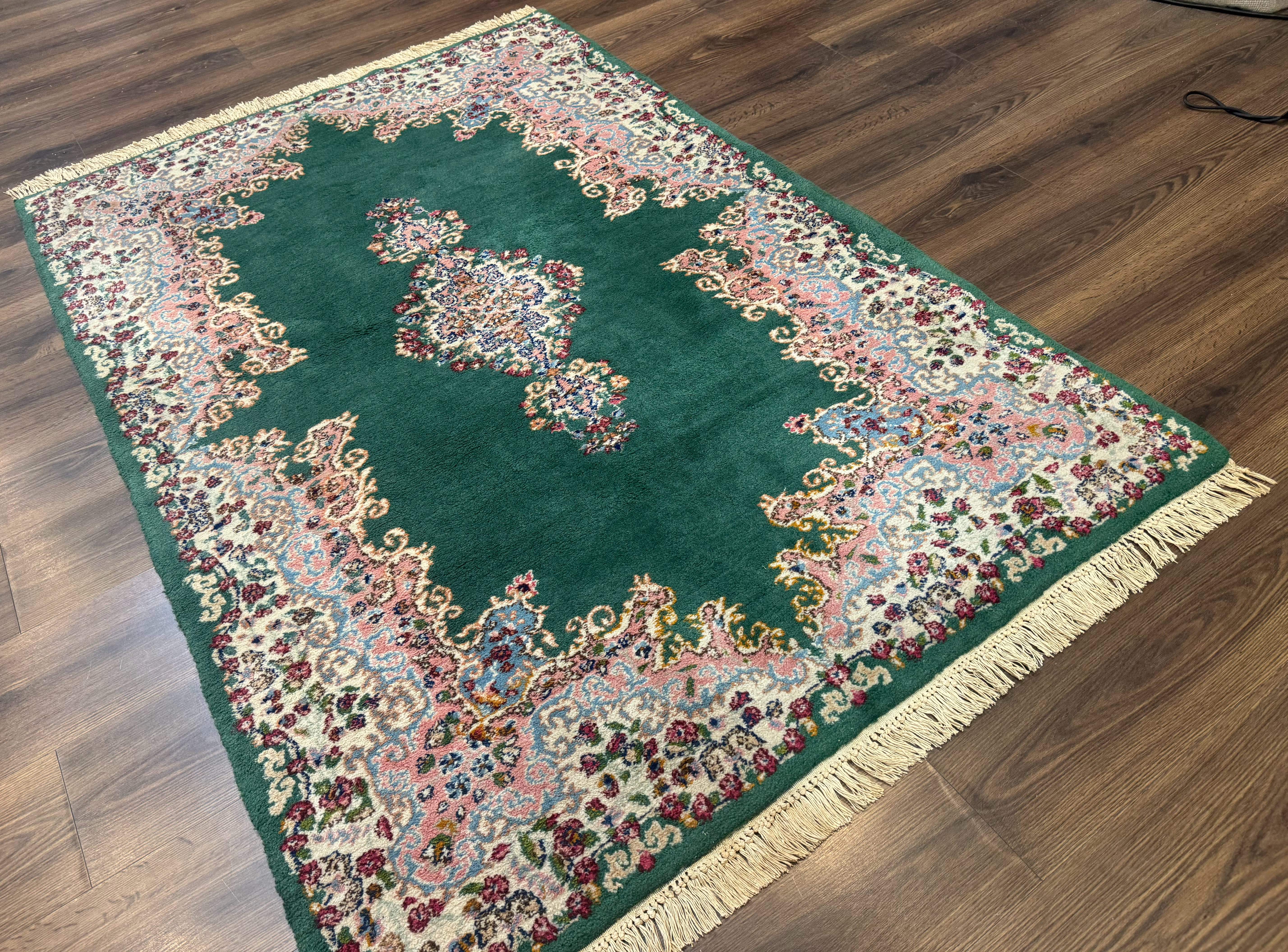 Persian Kerman Rug 4x6, Green Ivory Pink, Wool Vintage, Semi Open Field - Jewel Rugs