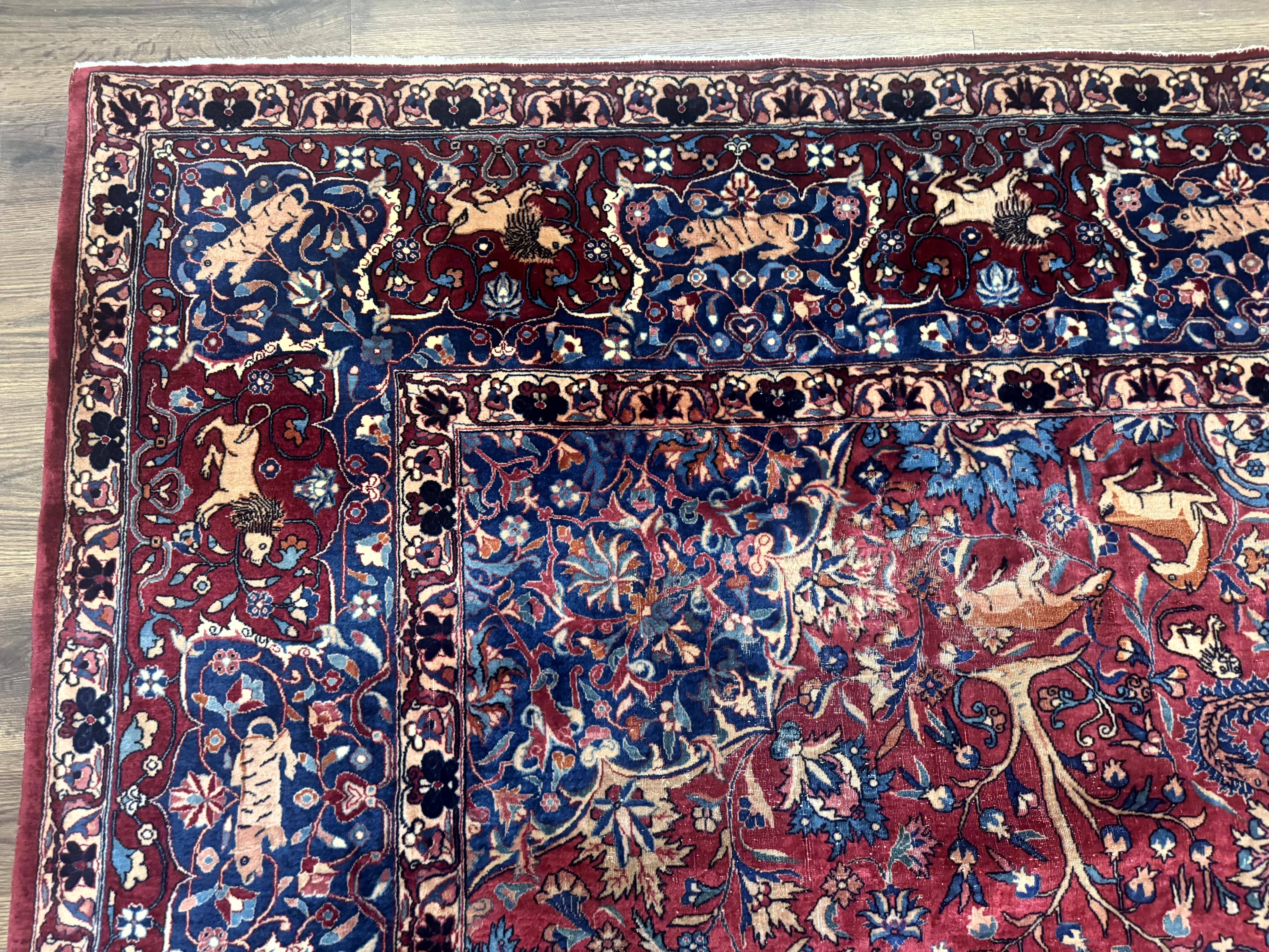 Antique Indo Persian Kerman Rug 9x12 Red Manchester Wool Animal Pictorials, Fine 290 KPSI - Jewel Rugs