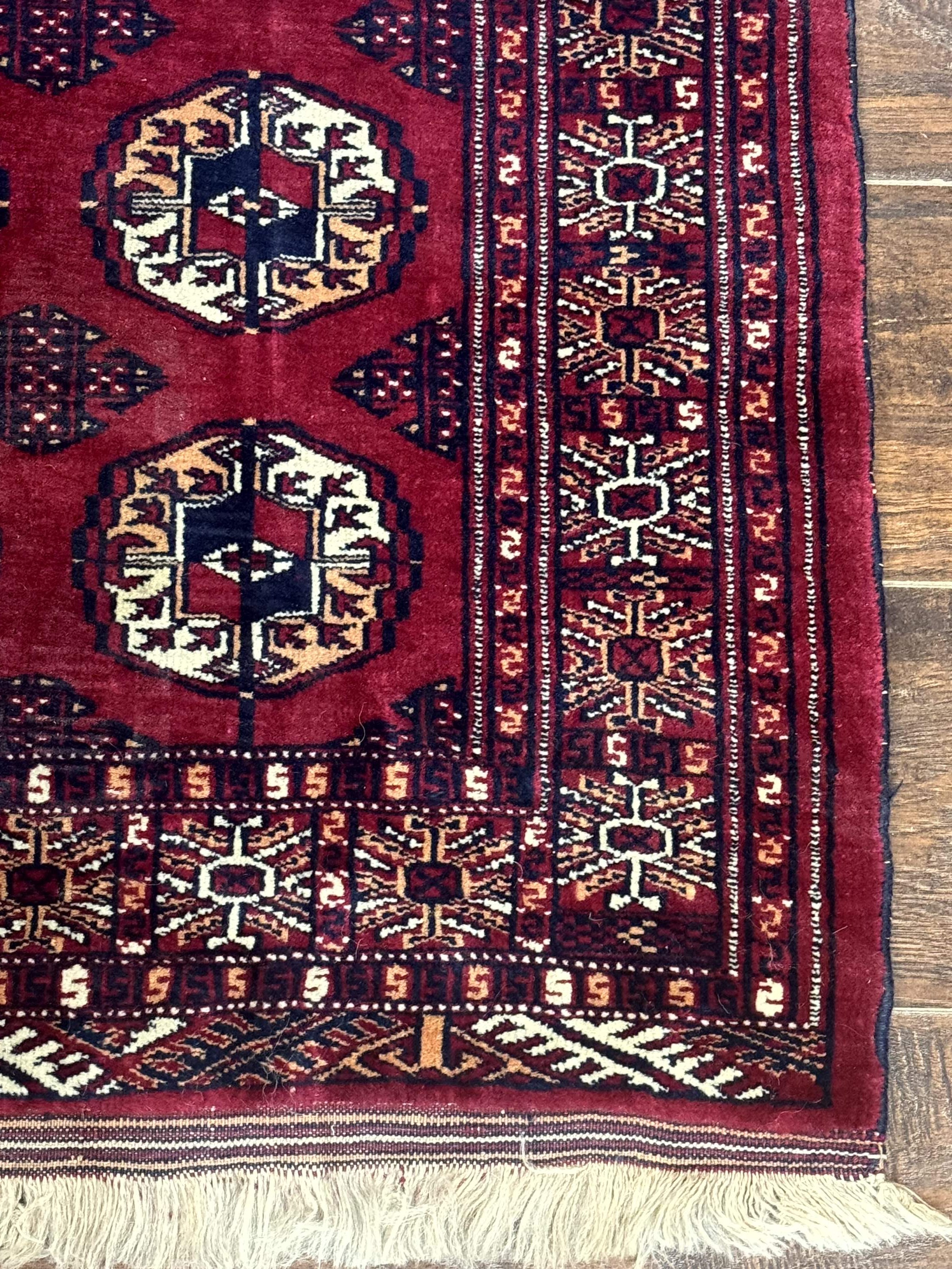 Persian Turkoman Rug 3x4 – Raspberry Red and Ivory, Handmade Wool Vintage Carpet - Jewel Rugs