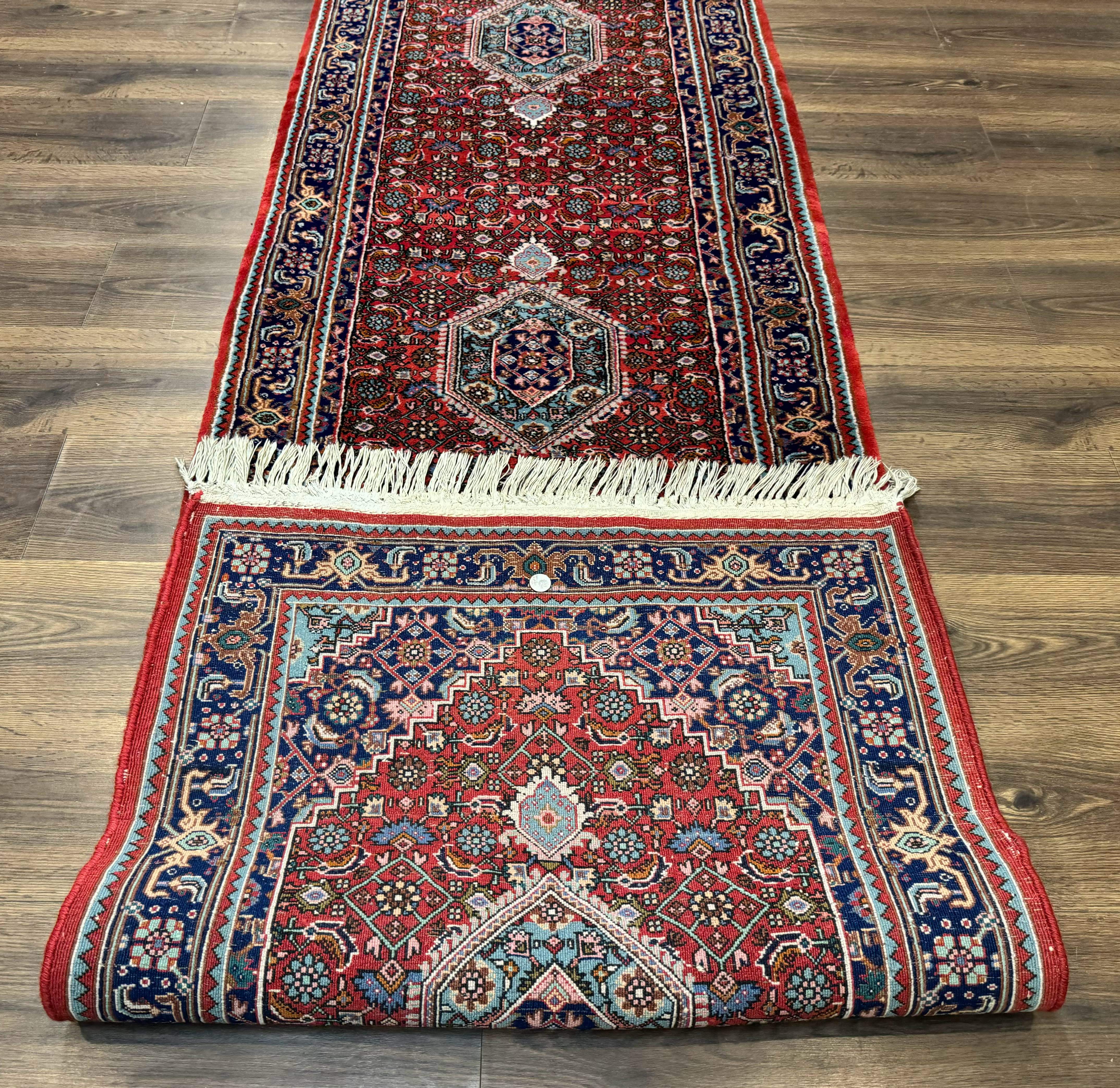Indo Persian Bidjar Runner Rug 3 x 18.6, Red Navy Blue, Long Runner, Wool Oriental Carpet - Jewel Rugs
