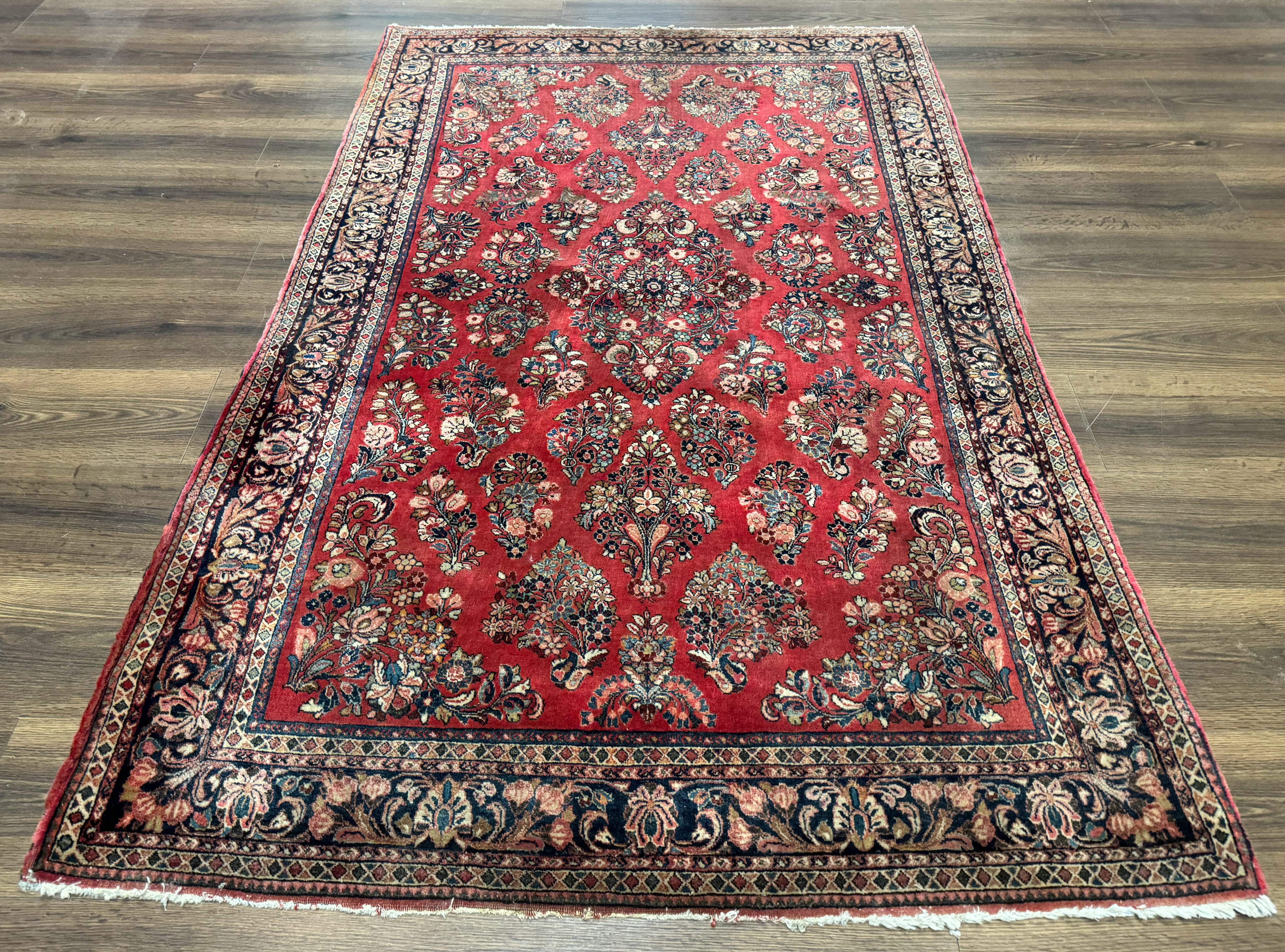 Sarouk Rug 4x6 – Red and Navy, Hand-Knotted Wool, Vintage Persian Carpet - Jewel Rugs