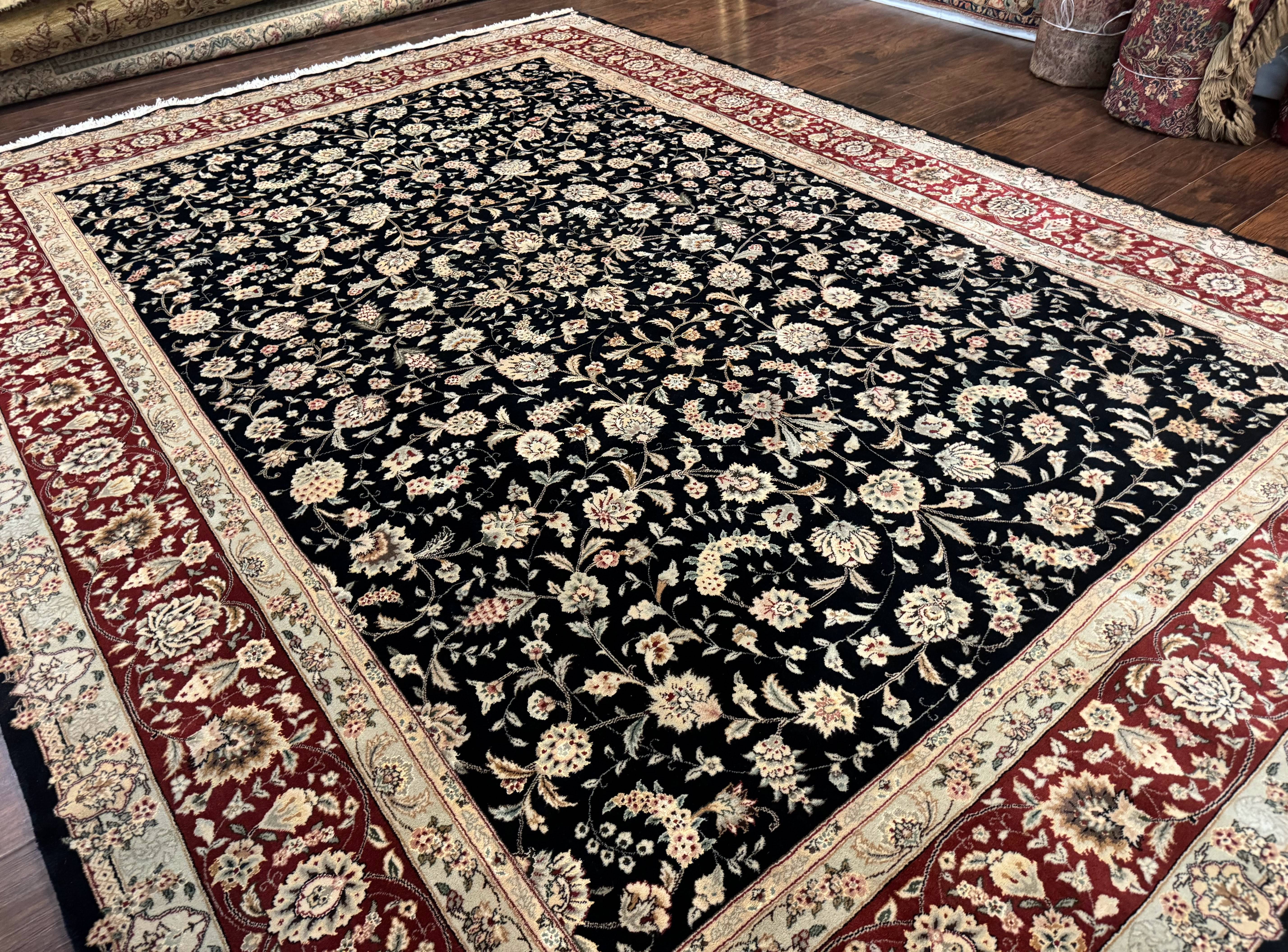 Sino Persian Rug 9x12, Fine Elegant Oriental Carpet 200 KPSI, Black and Dark Red, Allover Floral - Jewel Rugs