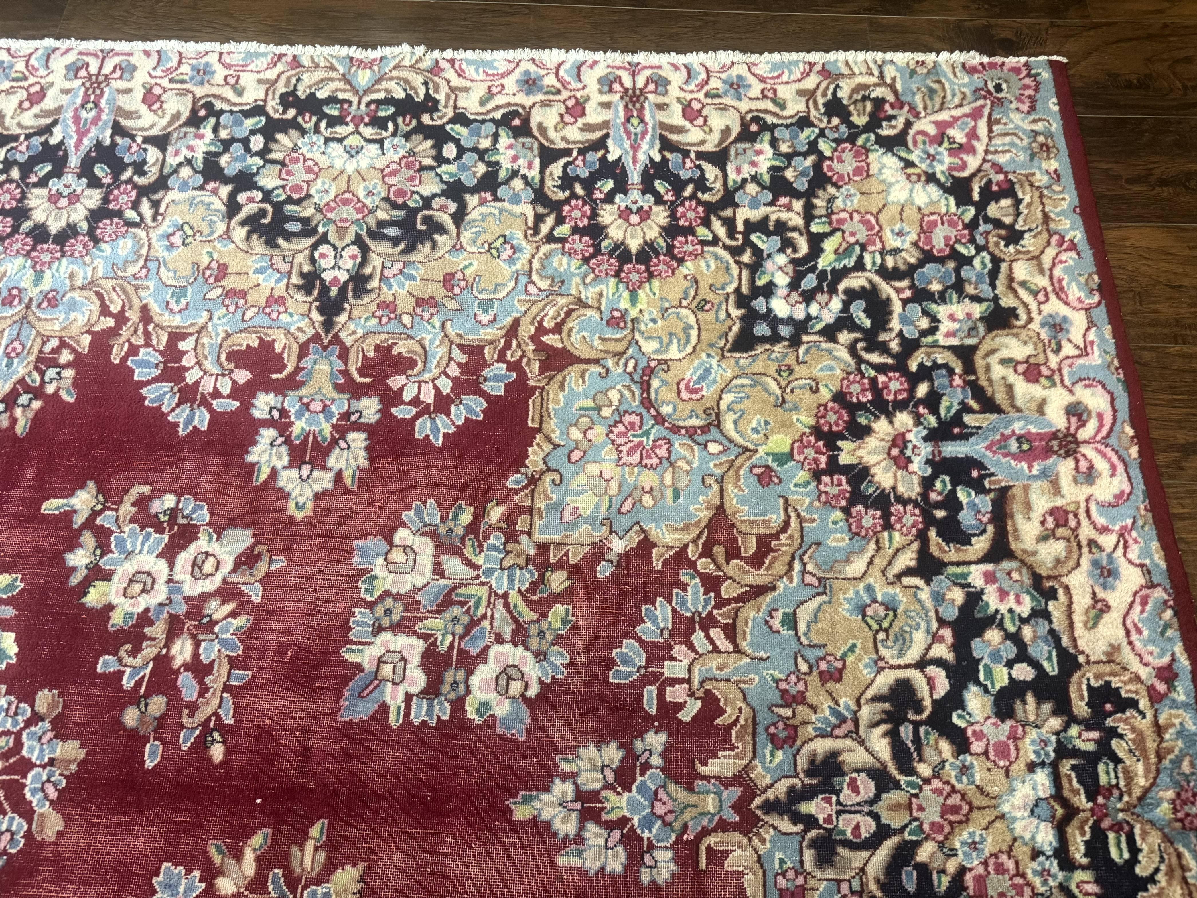 Persian Kerman Rug 10x12, Raspberry Red and Navy Blue, Traditional Persian Carpet - Jewel Rugs