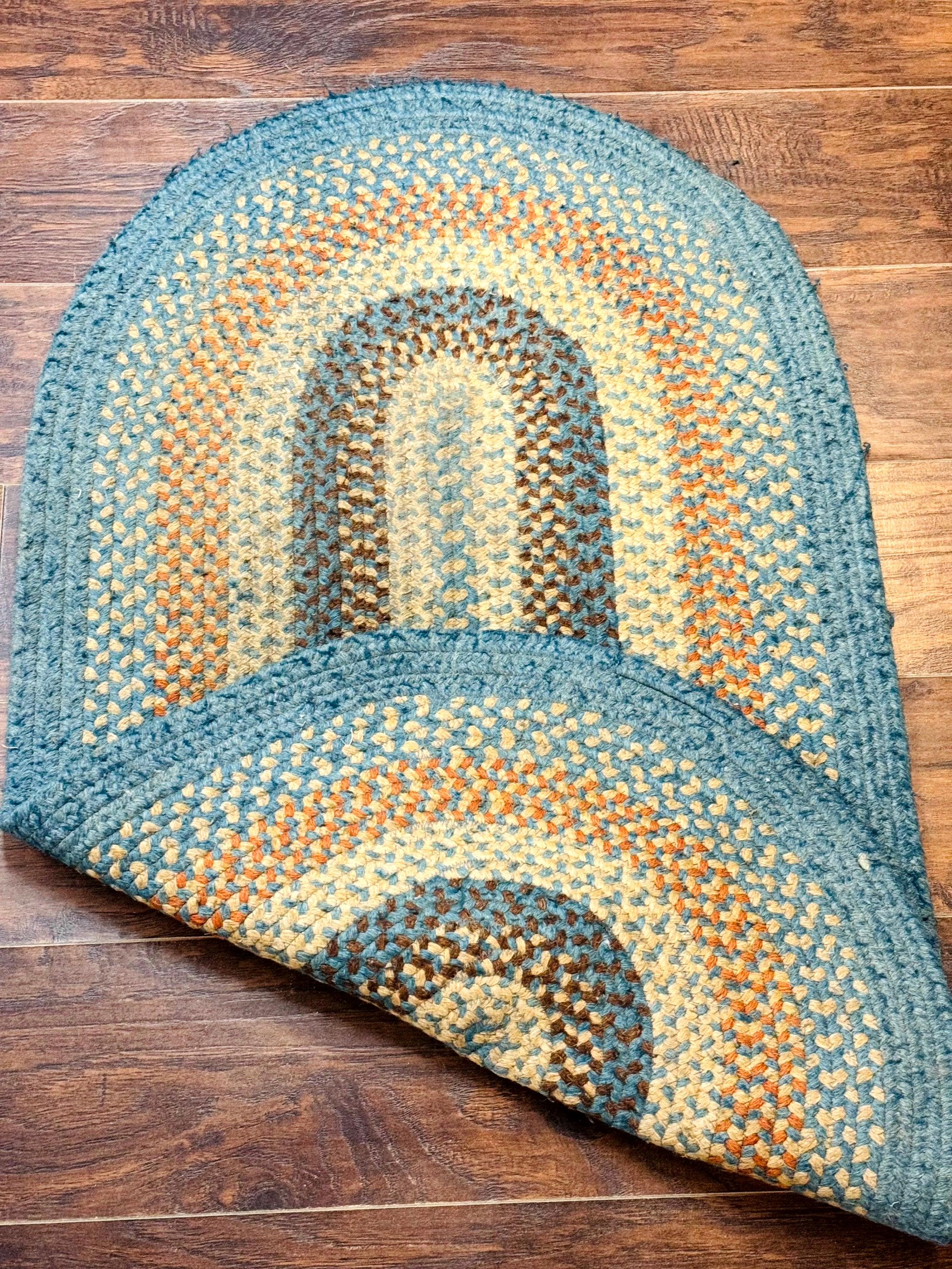 Small Oval Braided Rug 2x4, Multicolor American Braided Carpet, Light Blue, Wool - Jewel Rugs