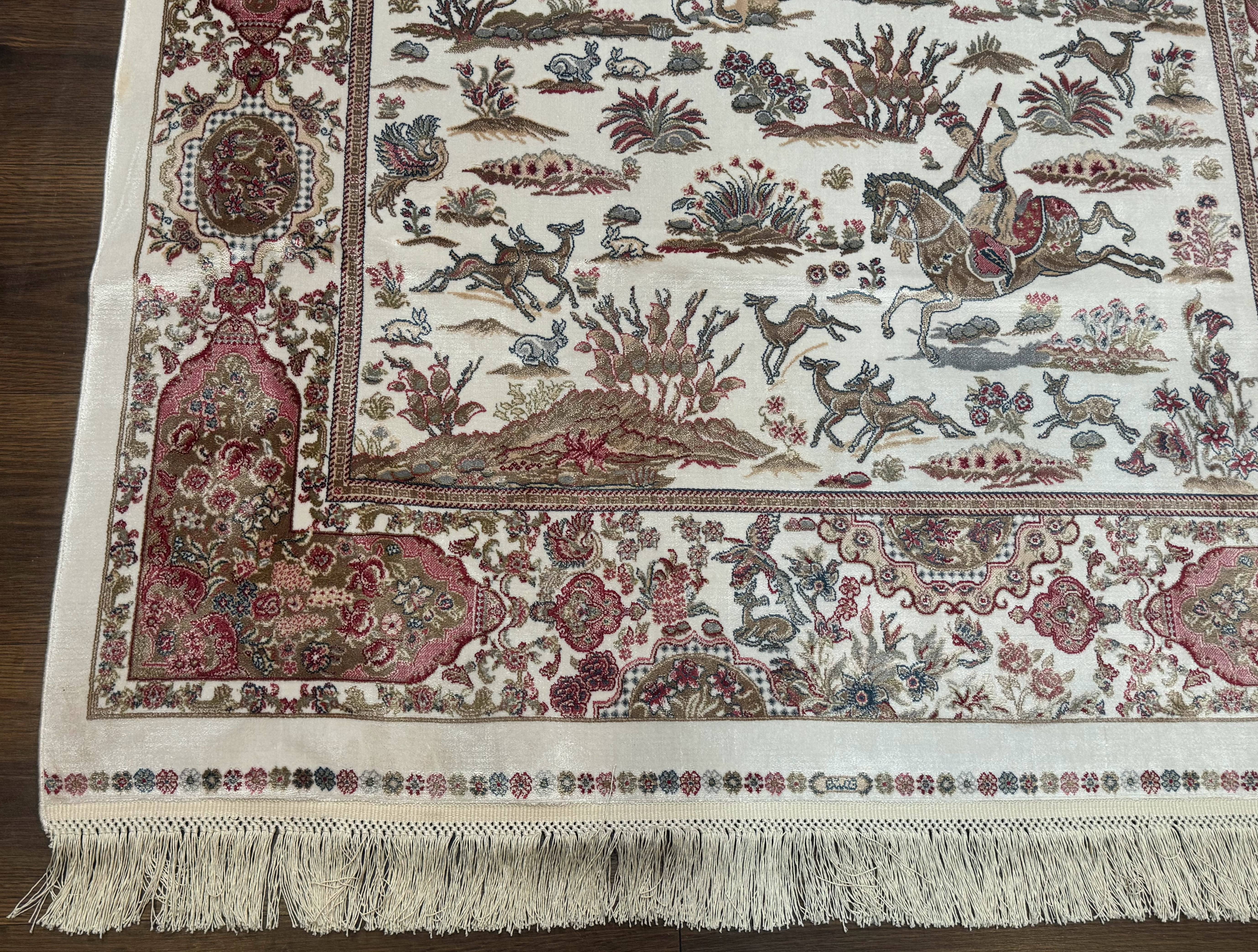 Turkish Silk Hunting Scene Rug 4x6, Ivory, Bamboo Silk, New - Jewel Rugs
