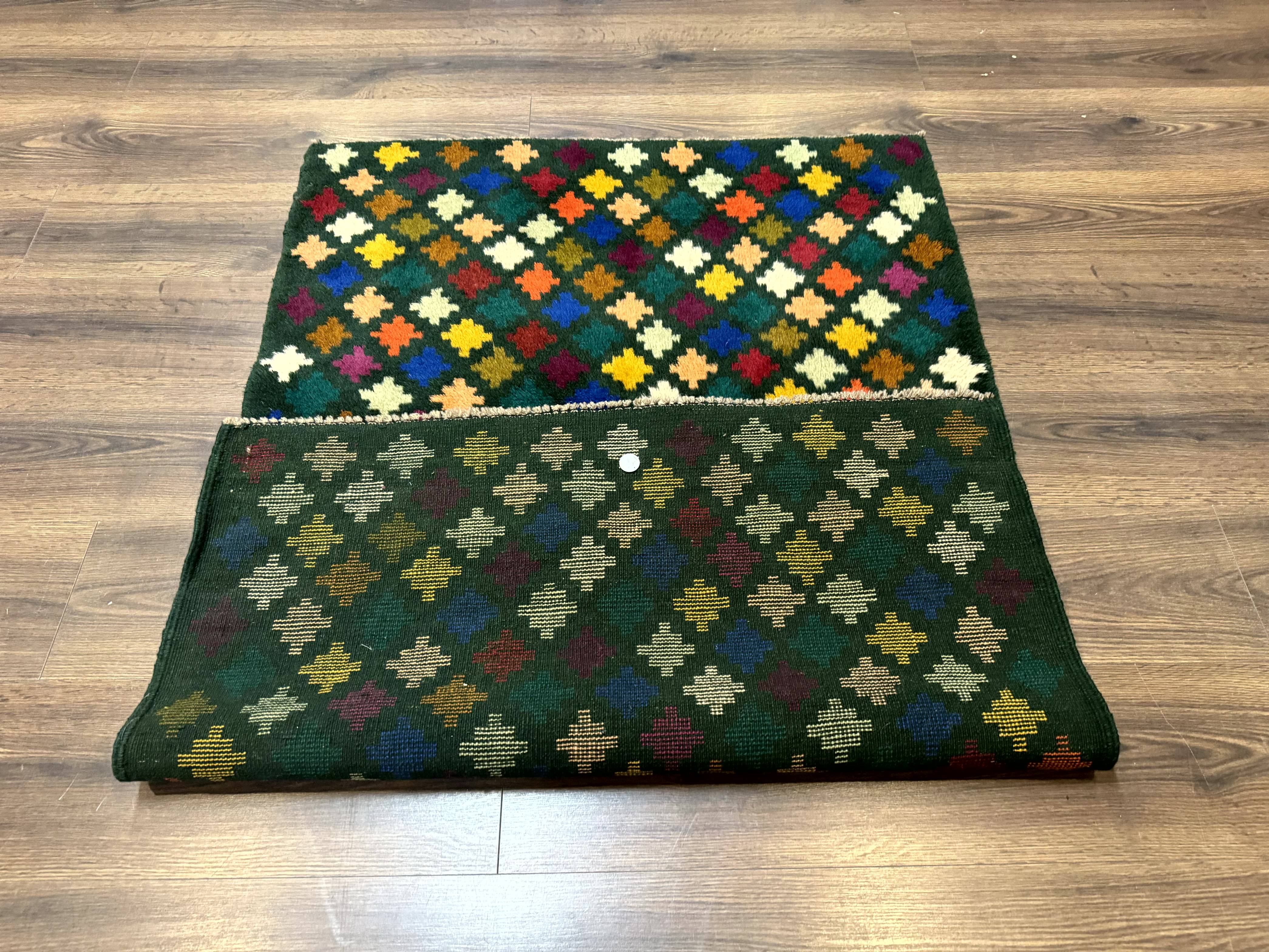 Afghan Balouch Rug 3x5, Dark Green and Multicolor, Wool, Handmade - Jewel Rugs