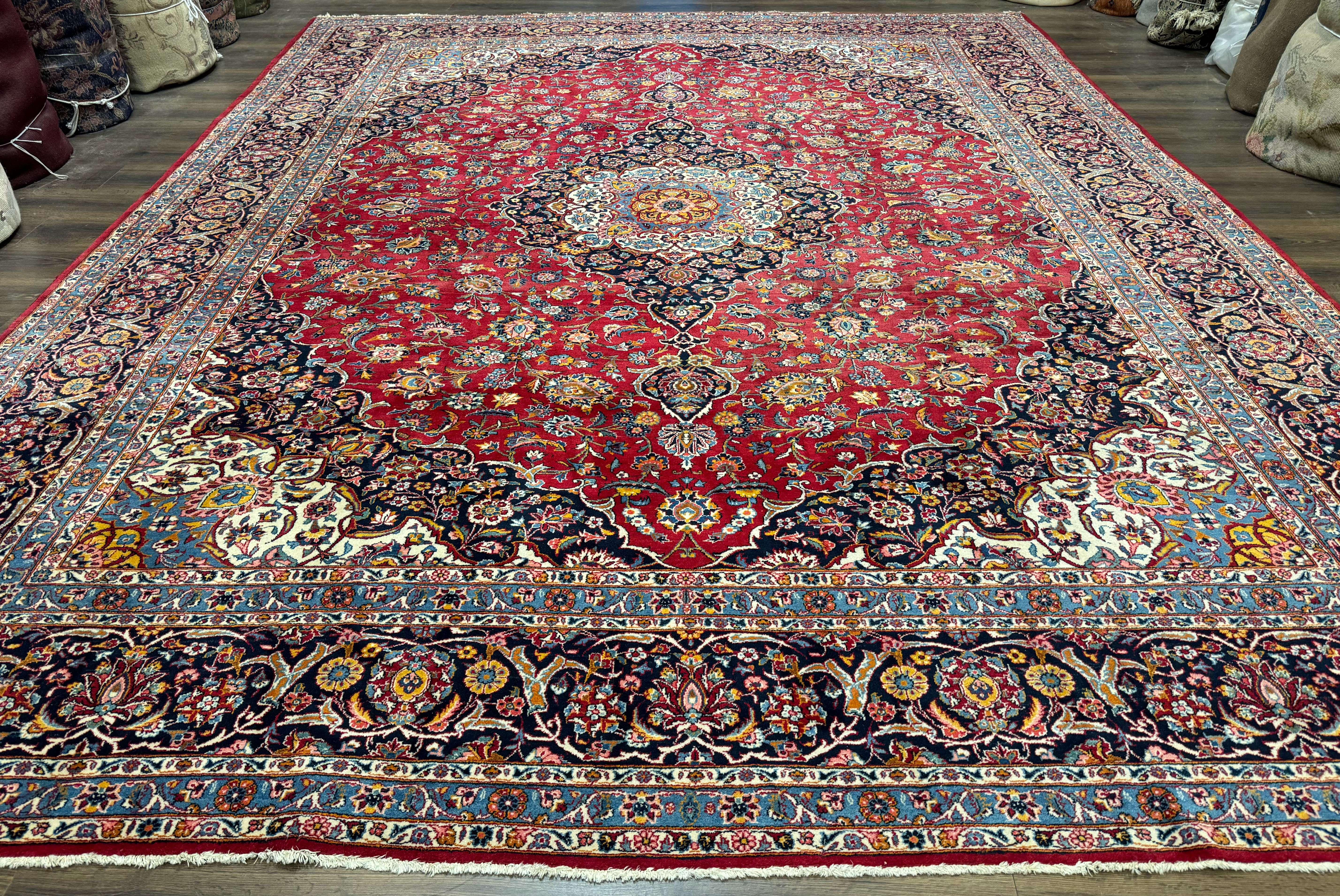 Large Persian Kashan Rug 11x14, Traditional Persian Carpet, Wool, Fine 250 KPSI, Red Navy Blue - Jewel Rugs
