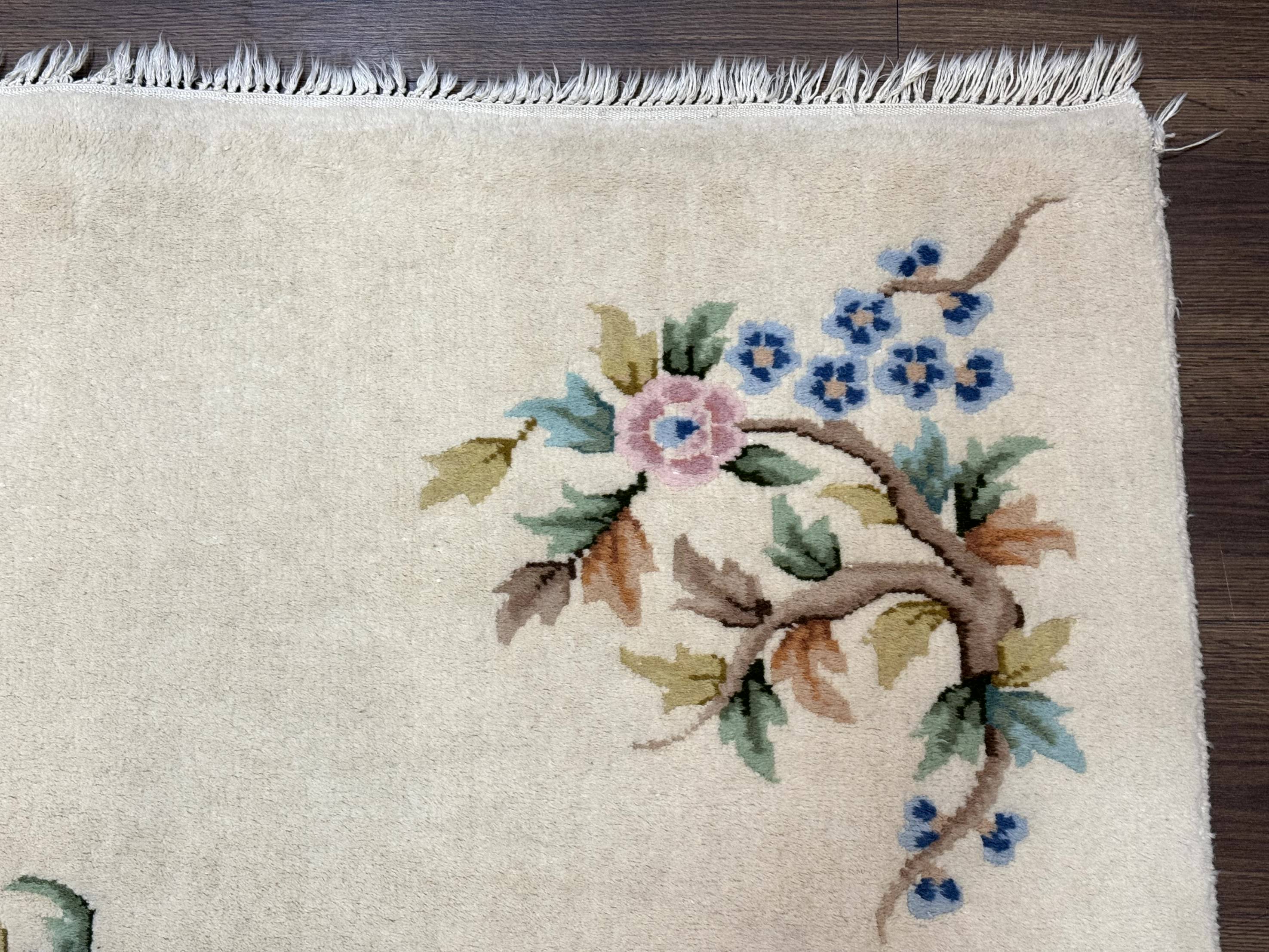 Indo Chinese Wool Rug 5x9, Simple Design, Floral, Ivory, Vintage - Jewel Rugs