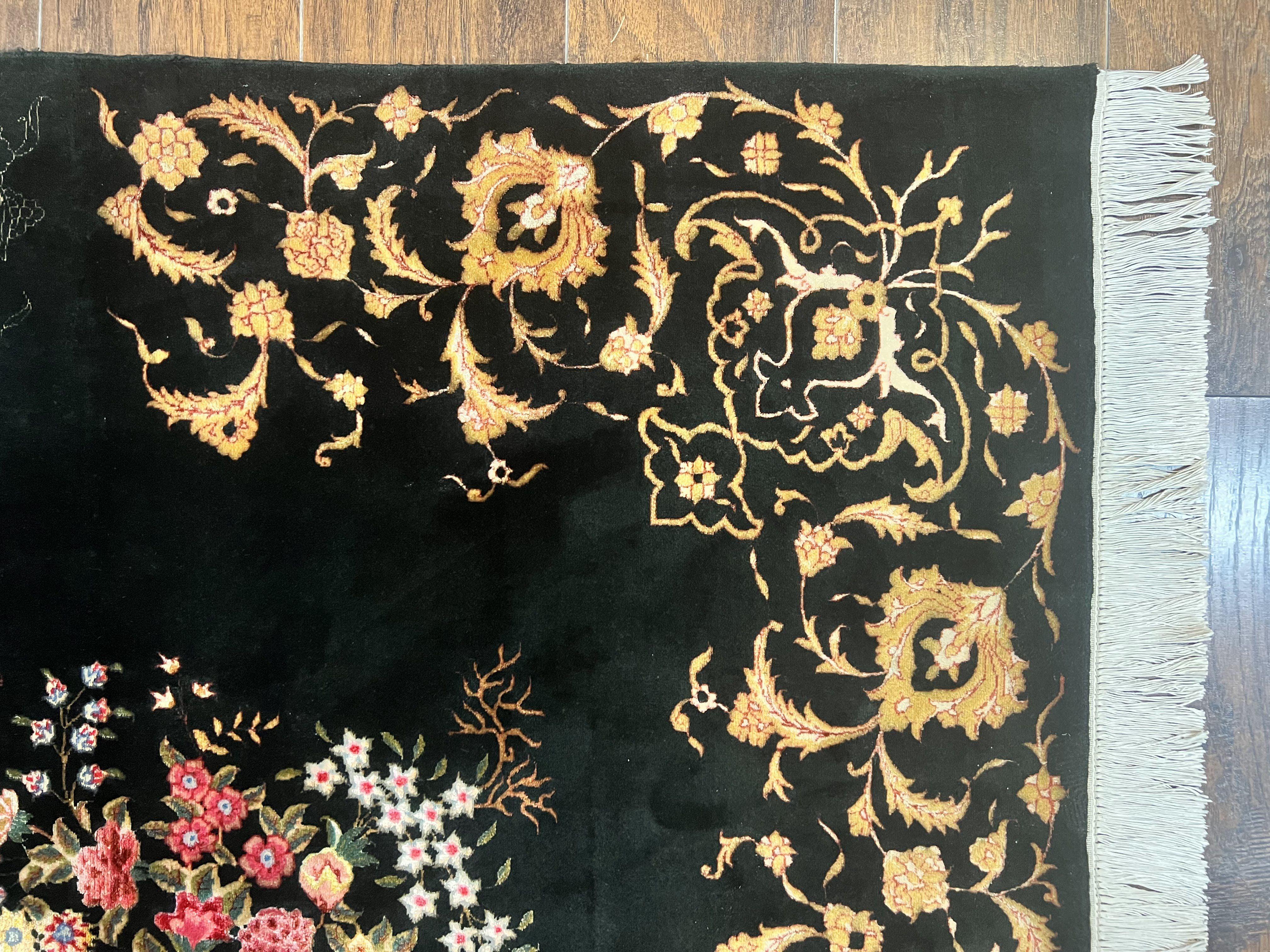 Persian Tabriz Rug 5x5, Wool & Silk Hand Knotted Antique Carpet, Black Square Rug, Floral Bird Motifs, 50 Raj 330 KPSI Very Fine - Jewel Rugs