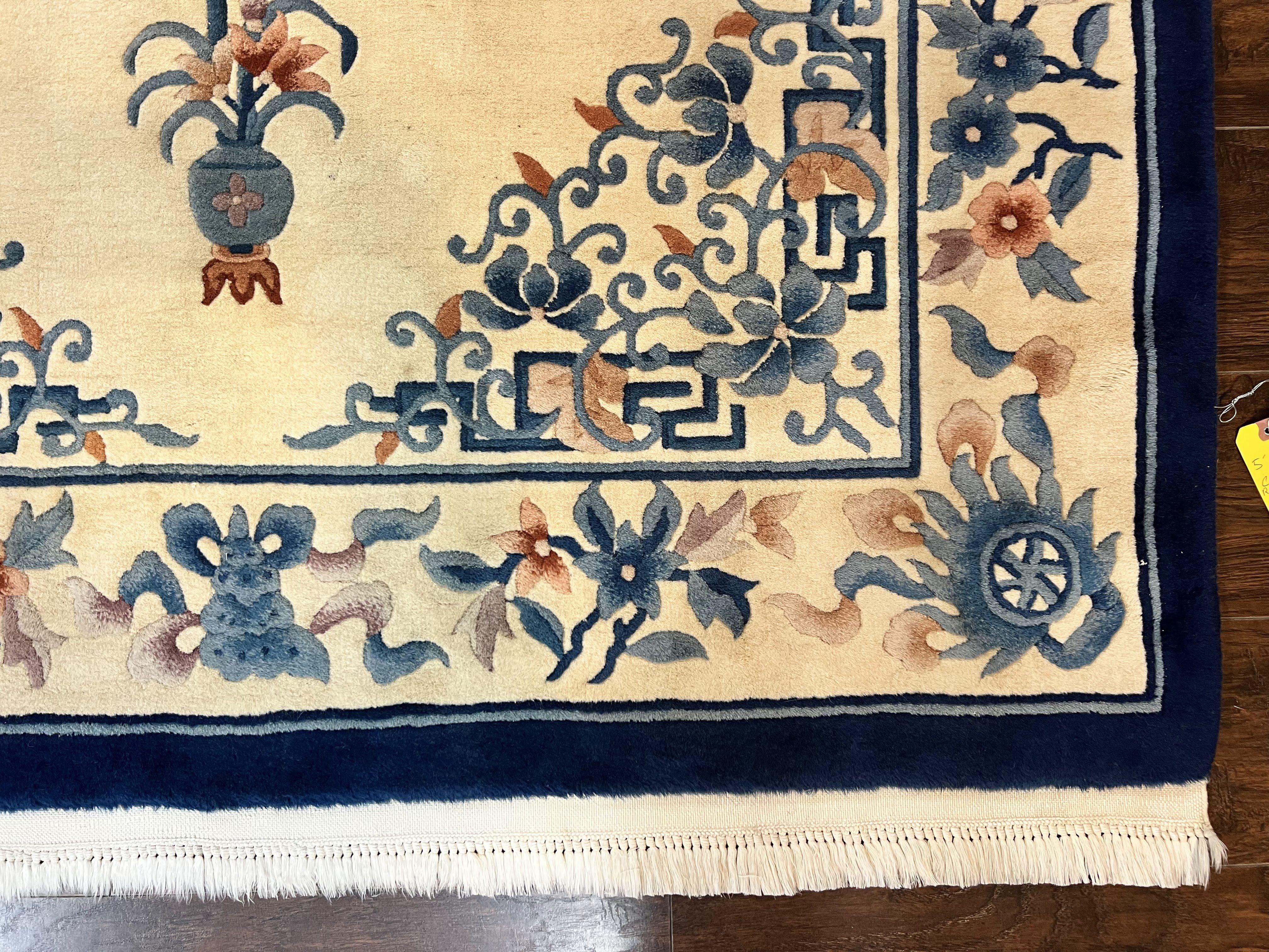 Chinese Wool Rug 5x8, Vintage Art Deco Chinese Carving Sculpture Carpet, Cream and Blue, Handmade Asian Oriental 90 Line Rug - Jewel Rugs