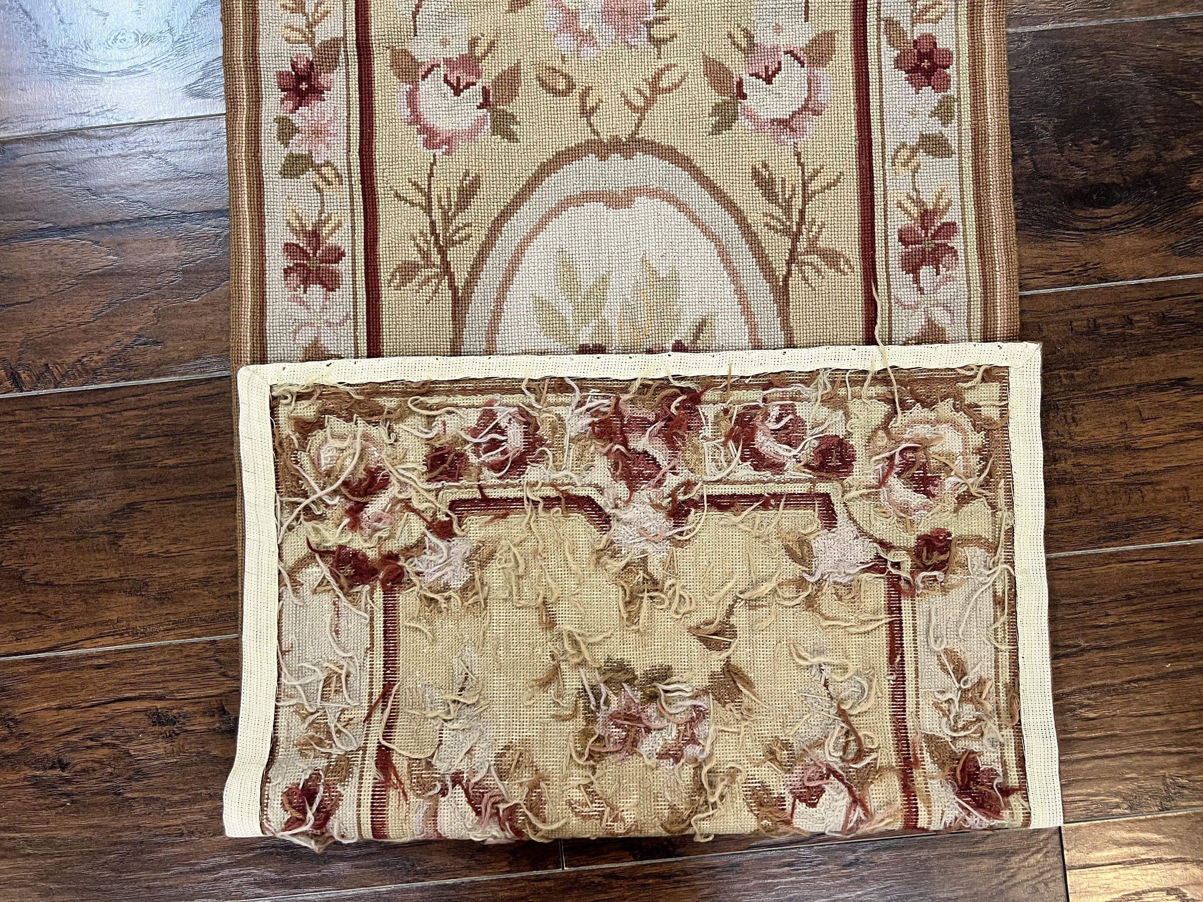 Small Needlepoint Rug 2x4, Wool Handmade Vintage Carpet, Beige Ivory Floral Roses Aubusson Rug - Jewel Rugs