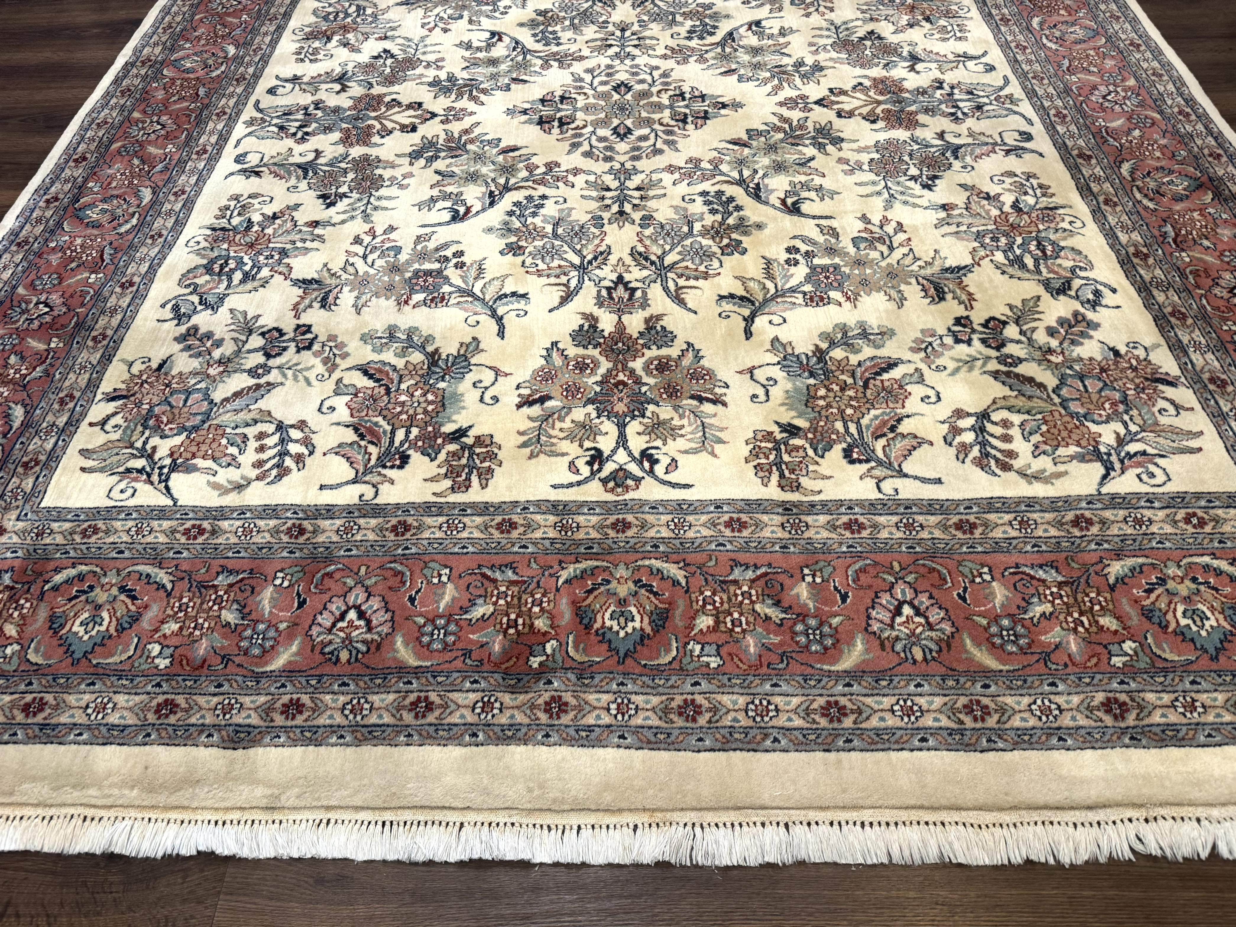 Indo Persian Sarouk Rug 8x10, Ivory and Pink, Floral - Jewel Rugs