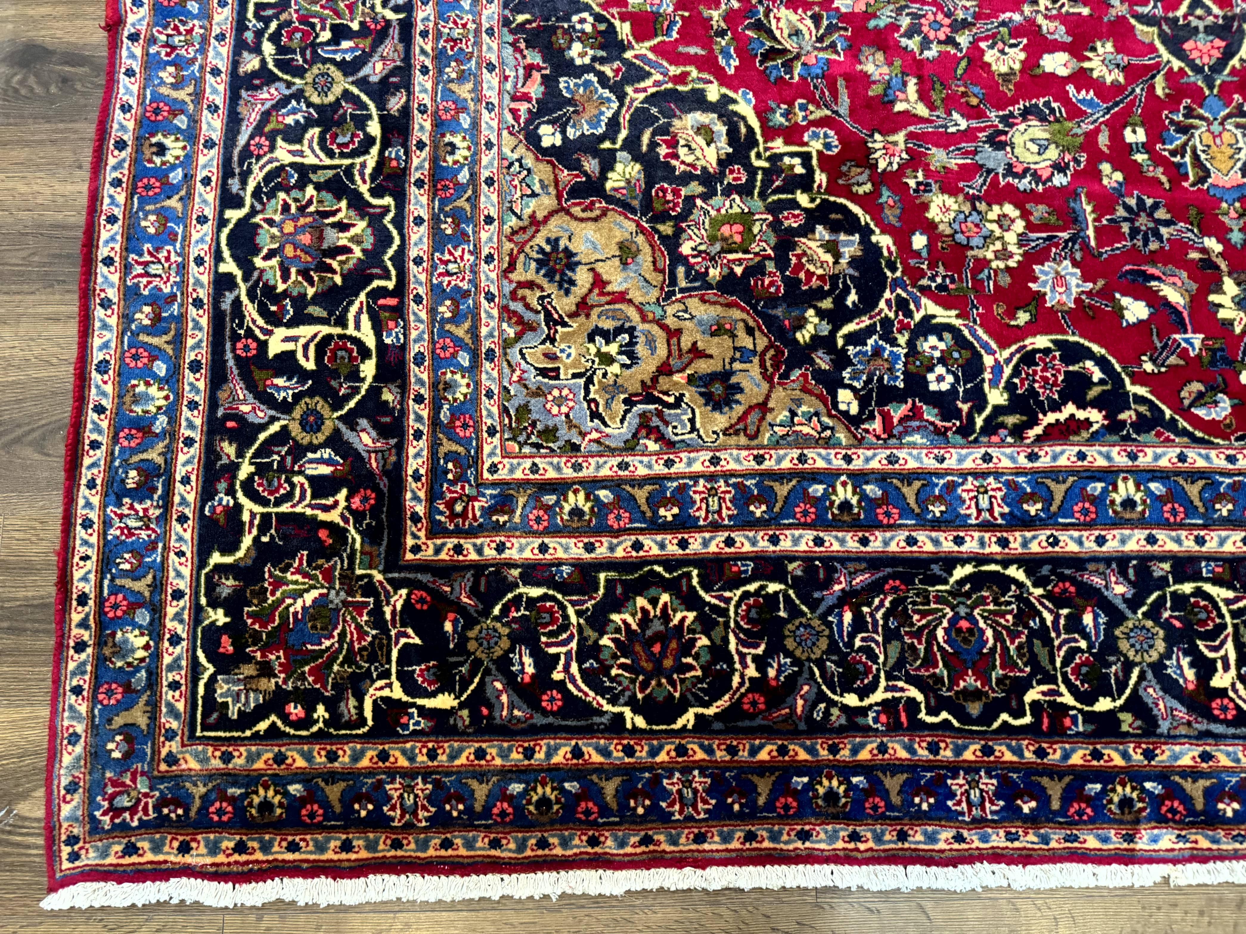 Traditional Persian Rug 8x11, Red Navy Blue, Floral Medallion, Antique Persian Mashad Carpet, Wool - Jewel Rugs
