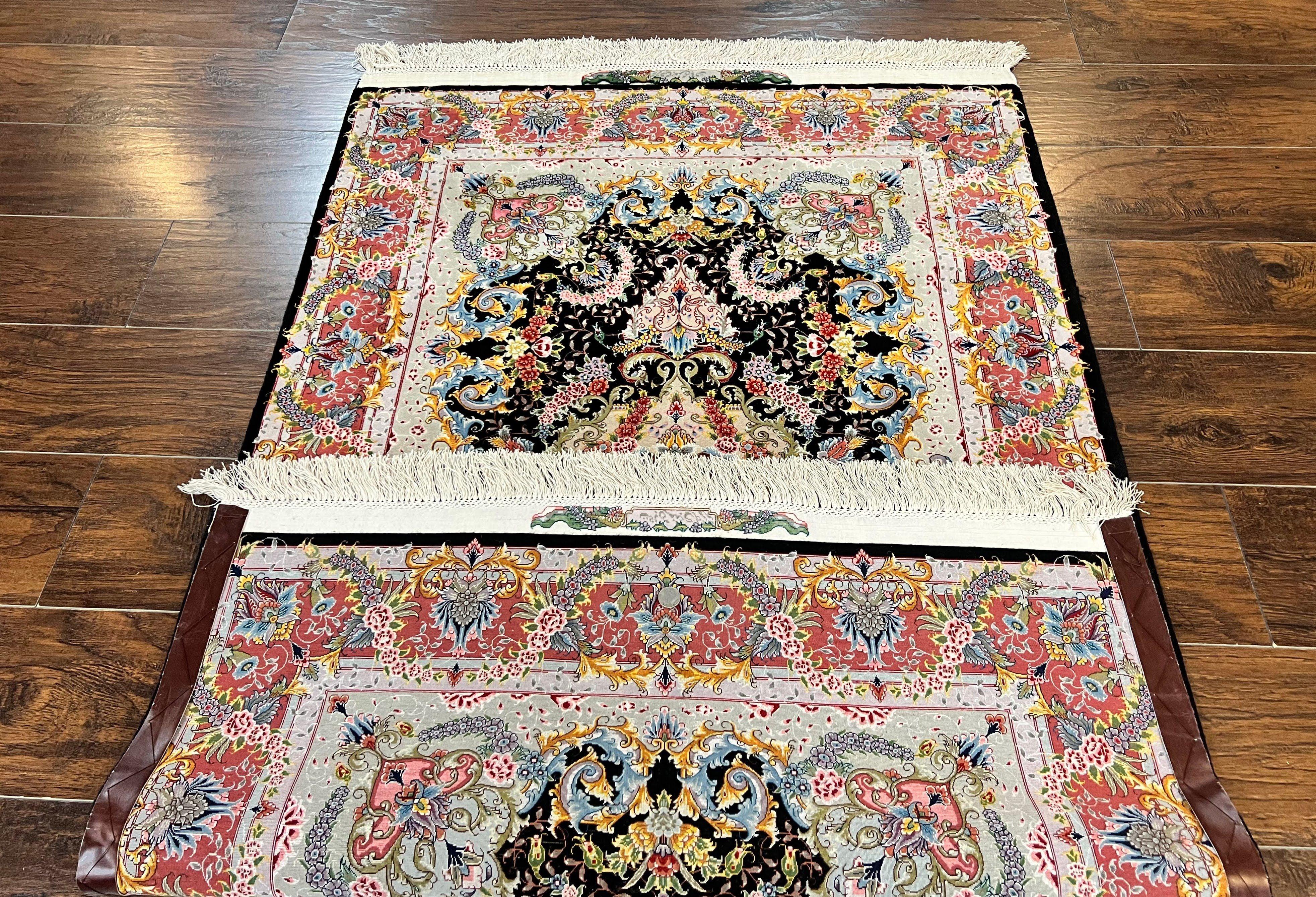 Wonderful 3x5 Persian Tabriz Rug, 650 KPSI, Kork Wool on Silk Foundation, Hand Knotted, Black and Red, Signed by Master Weaver, Floral Medallion - Jewel Rugs