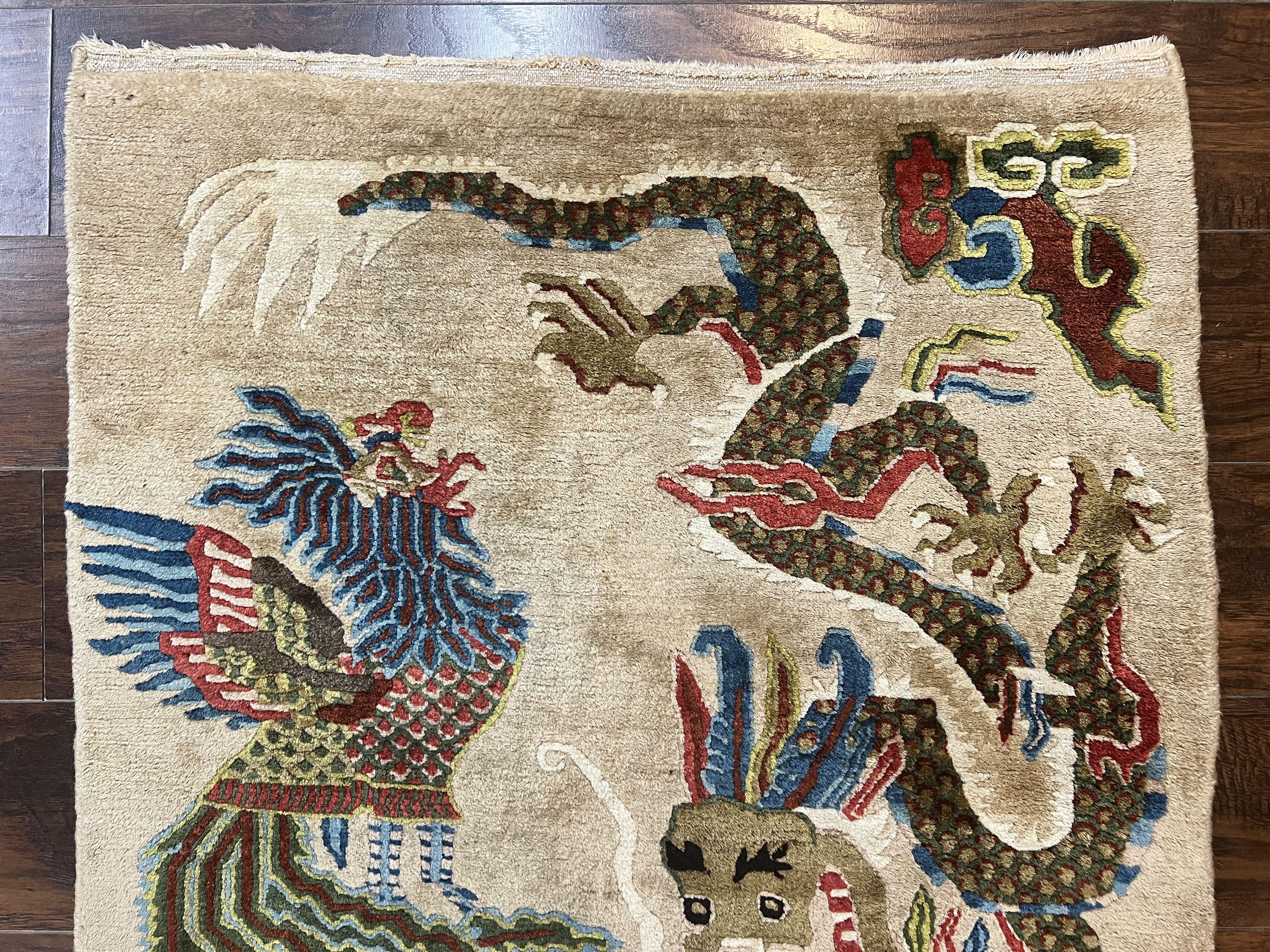 Antique Chinese Peking Rug 3 x 5.6, Dragon Motifs, Handmade Wool Asian Oriental Carpet - Jewel Rugs