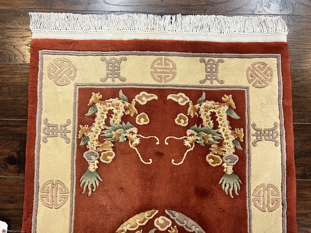 Chinese 90 Line Rug 3x5, Vintage Rug 3 x 5 ft, HandKnotted Red Cream