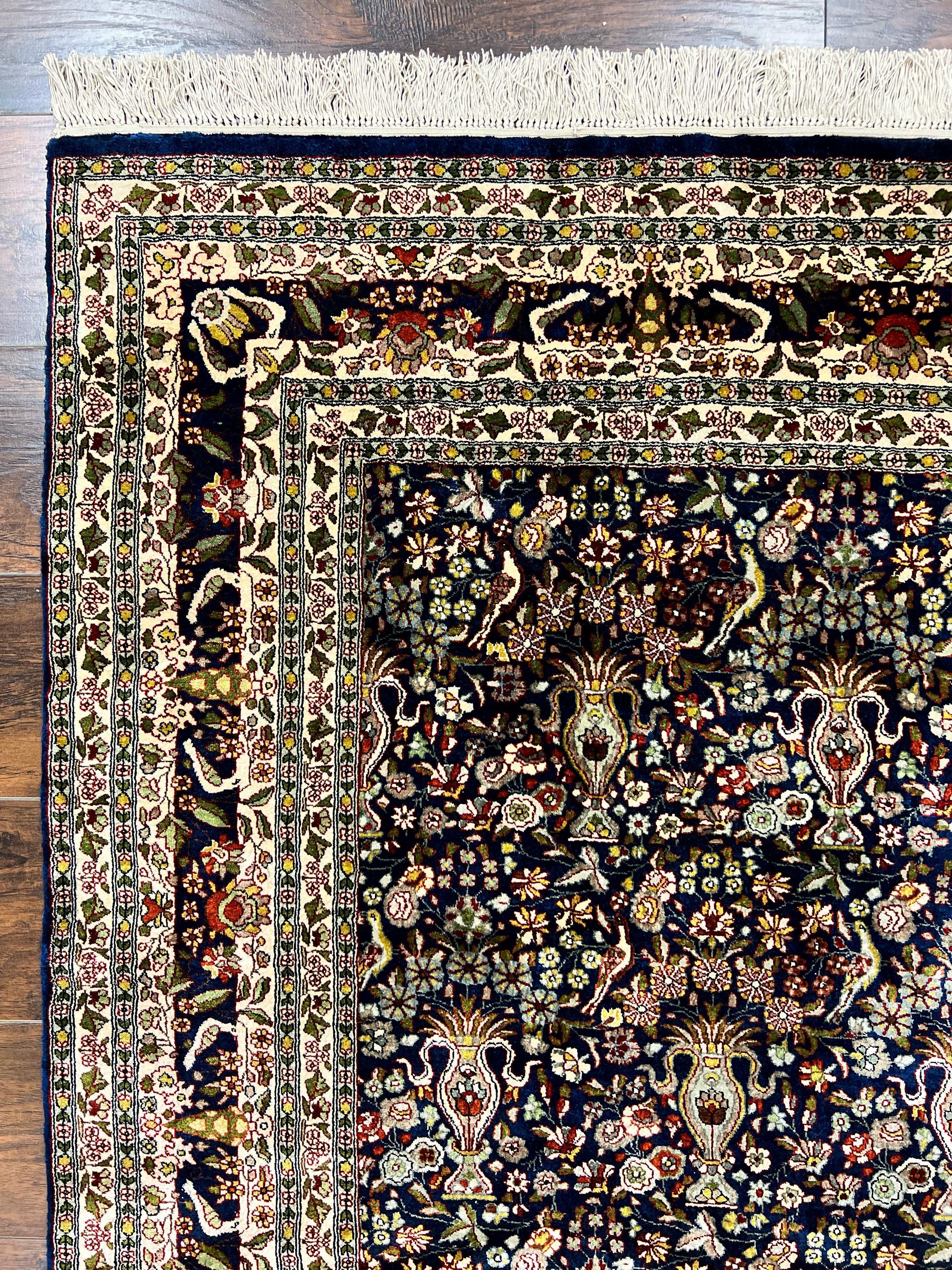 Silk Indian Kashmiri Rug 5x7, Navy Blue Indo Persian Silk Carpet 5 x 7 ft, Hand Knotted Handmade Very Fine Oriental Carpet, 450 KPSI, Birds - Jewel Rugs