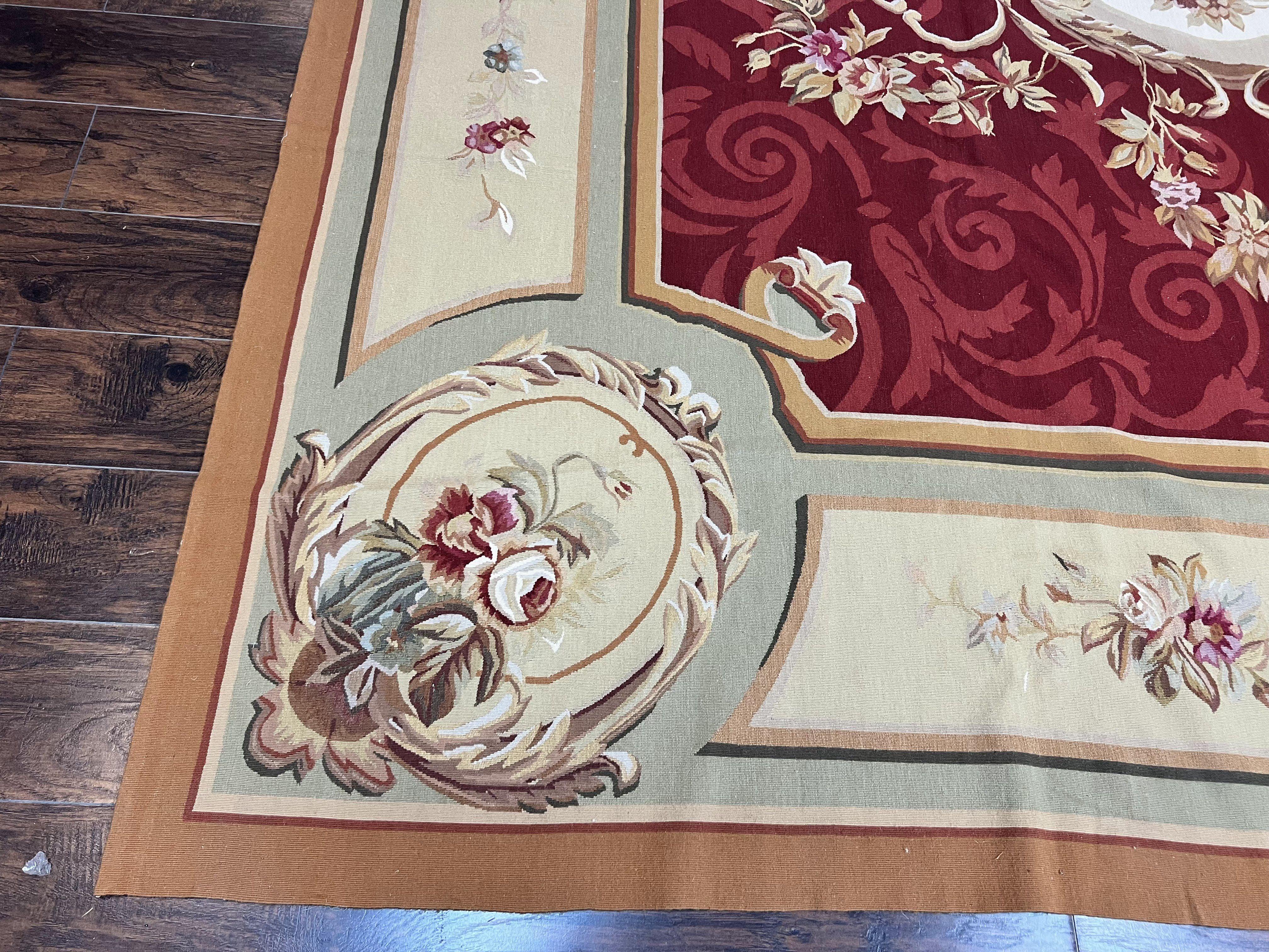 Large Aubusson Rug 10x14, Wool Handmade Vintage Carpet, Dark Red Ivory Tan, French European Elegant Aubusson Weave Rug - Jewel Rugs