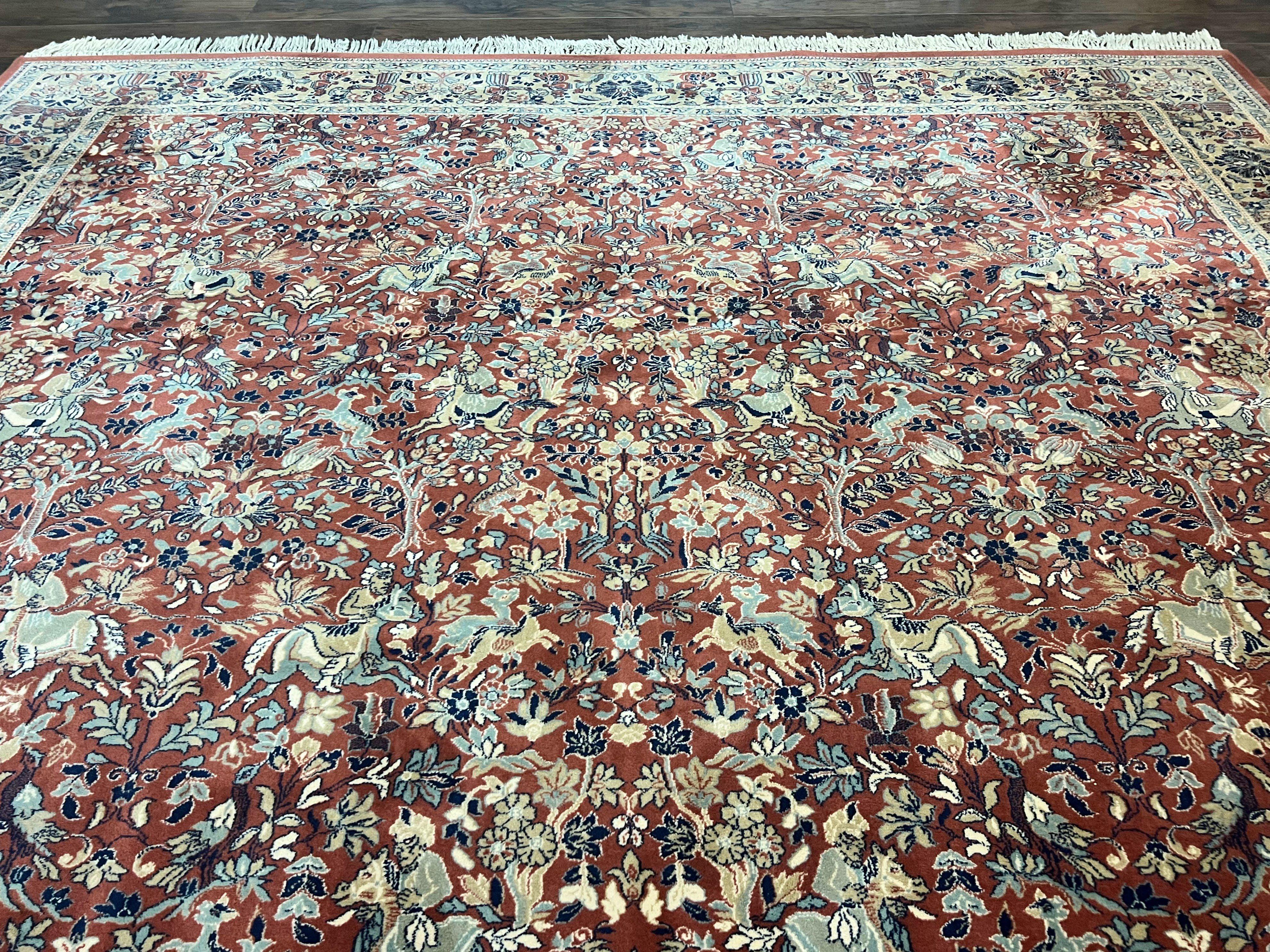 Persian Rug 10 x 13.6, Hunting Scene Rug, Large Wool Carpet, Vintage Couristan Belgium Power Loomed Rug, Red and Beige - Jewel Rugs