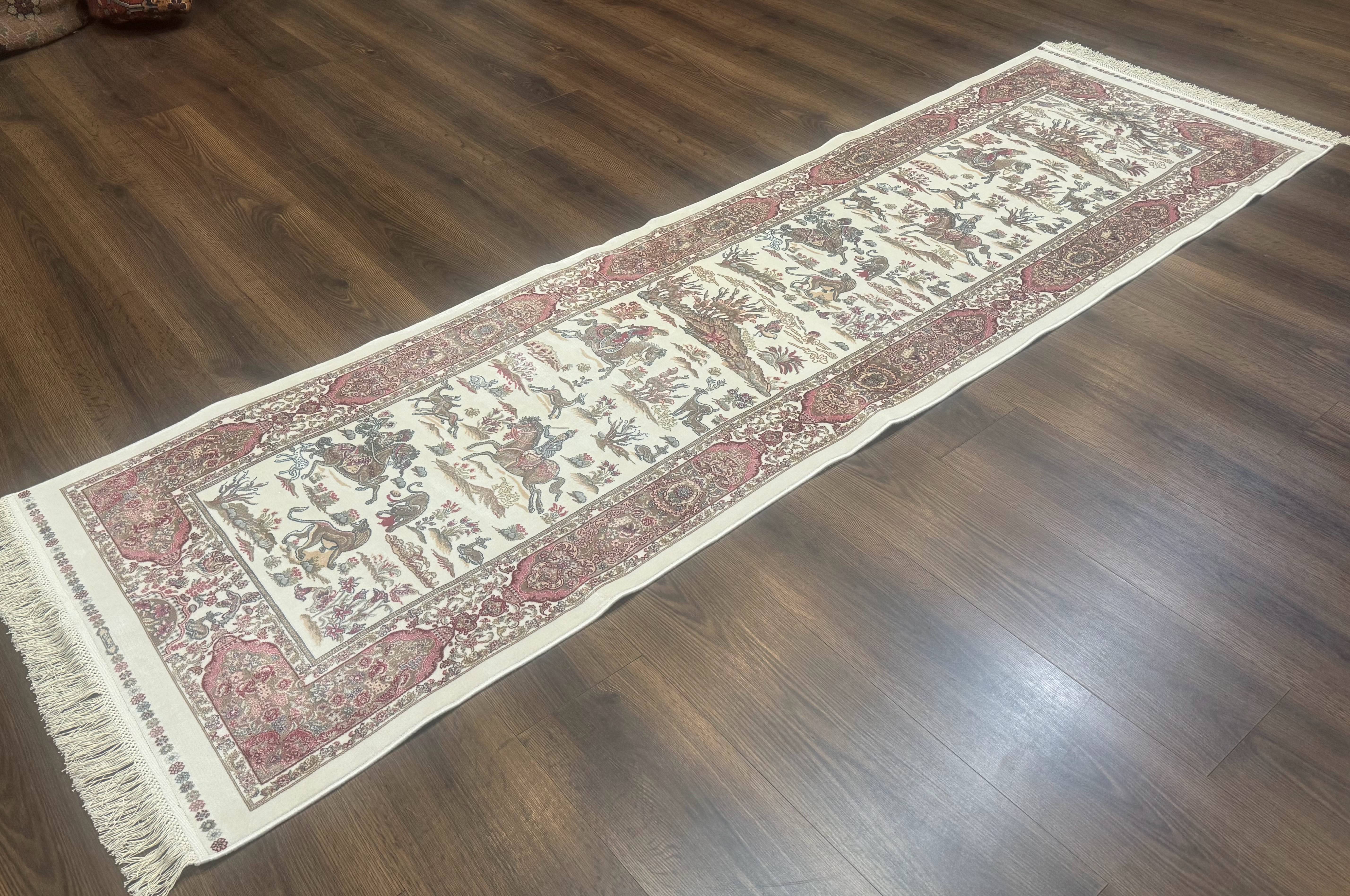 Turkish Silk Runner Rug 2.6 x 8, Hunting Design, Ivory, Bamboo Silk, New - Jewel Rugs