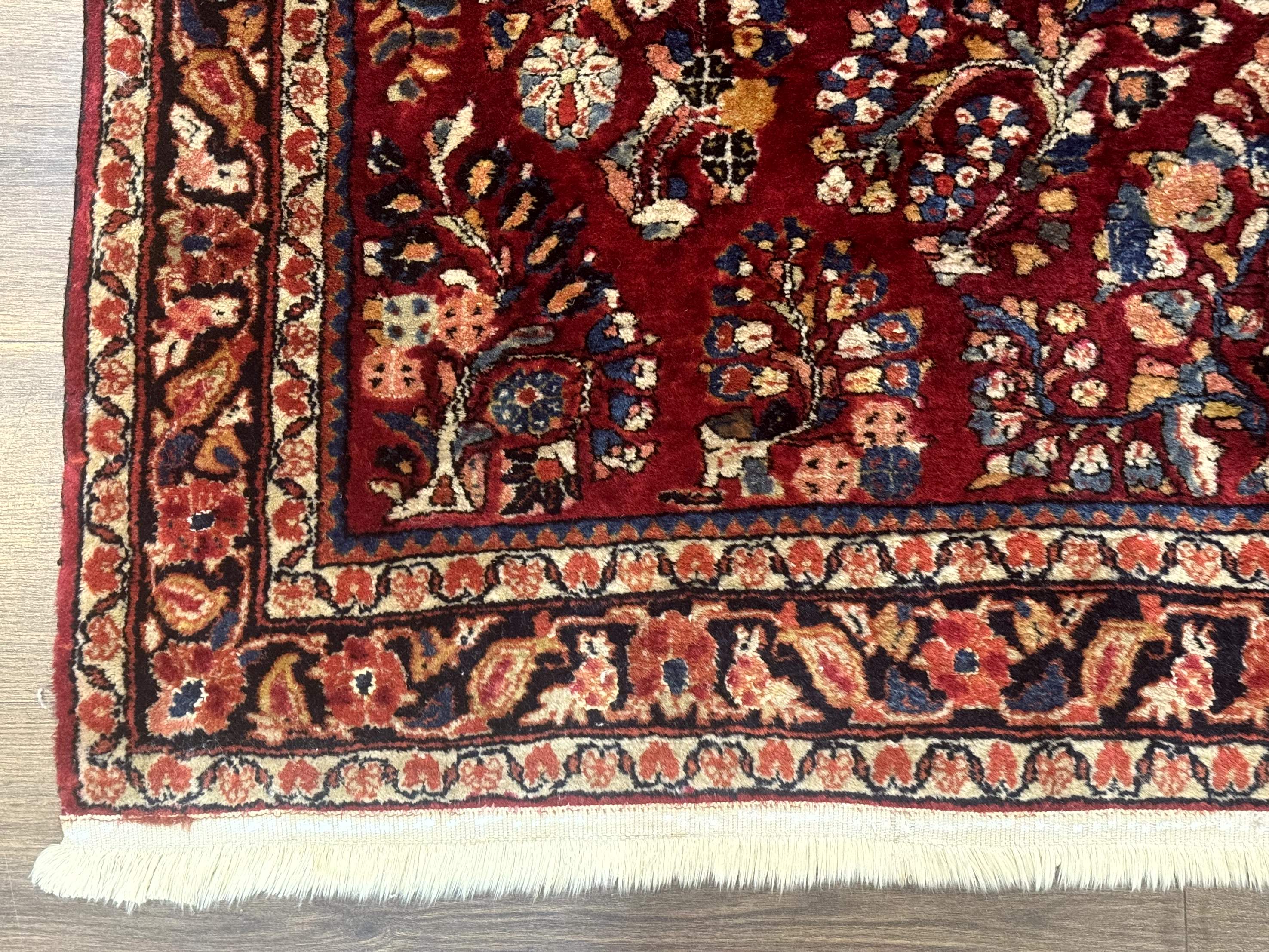 Antique Persian Sarouk Rug 4x6, Floral, Red, Wool Hand Knotted Fine 225 KPSI - Jewel Rugs
