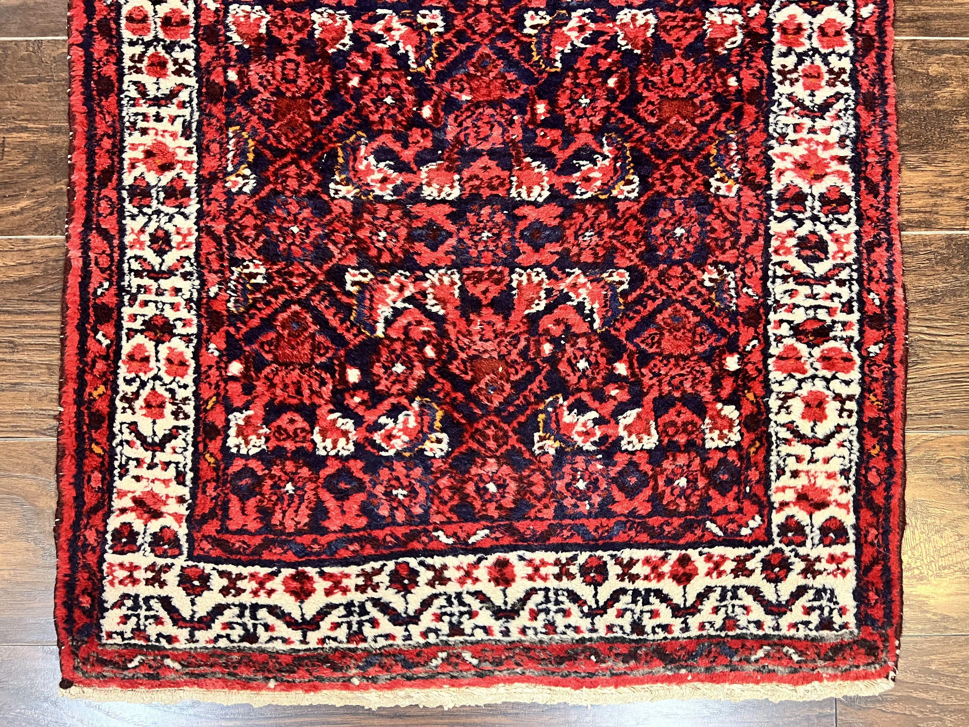 Persian Tribal Runner 3 x 9, Hamadan Dargazin Rug, Dark Blue and Red Wool Hand Knotted Hallway Rug, Vintage Antique Oriental Runner, 9ft Long Runner, Herati - Jewel Rugs