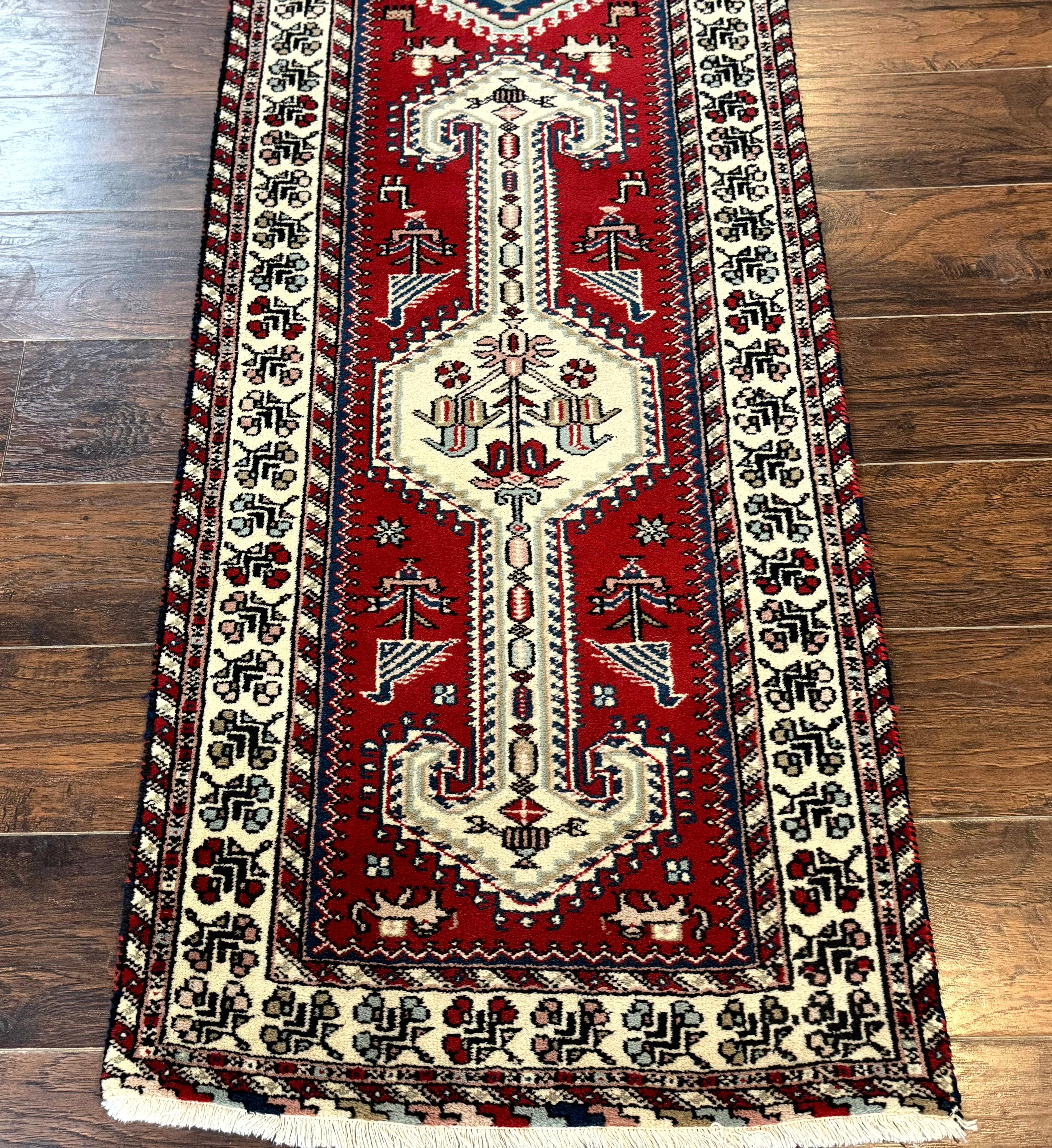 Indo Persian Runner Rug 2.6 x 12, Heriz Geometric Caucasian Design, Animal Pictorials, Tribal Runner Rug, Vintage Handmade Wool Red - Jewel Rugs
