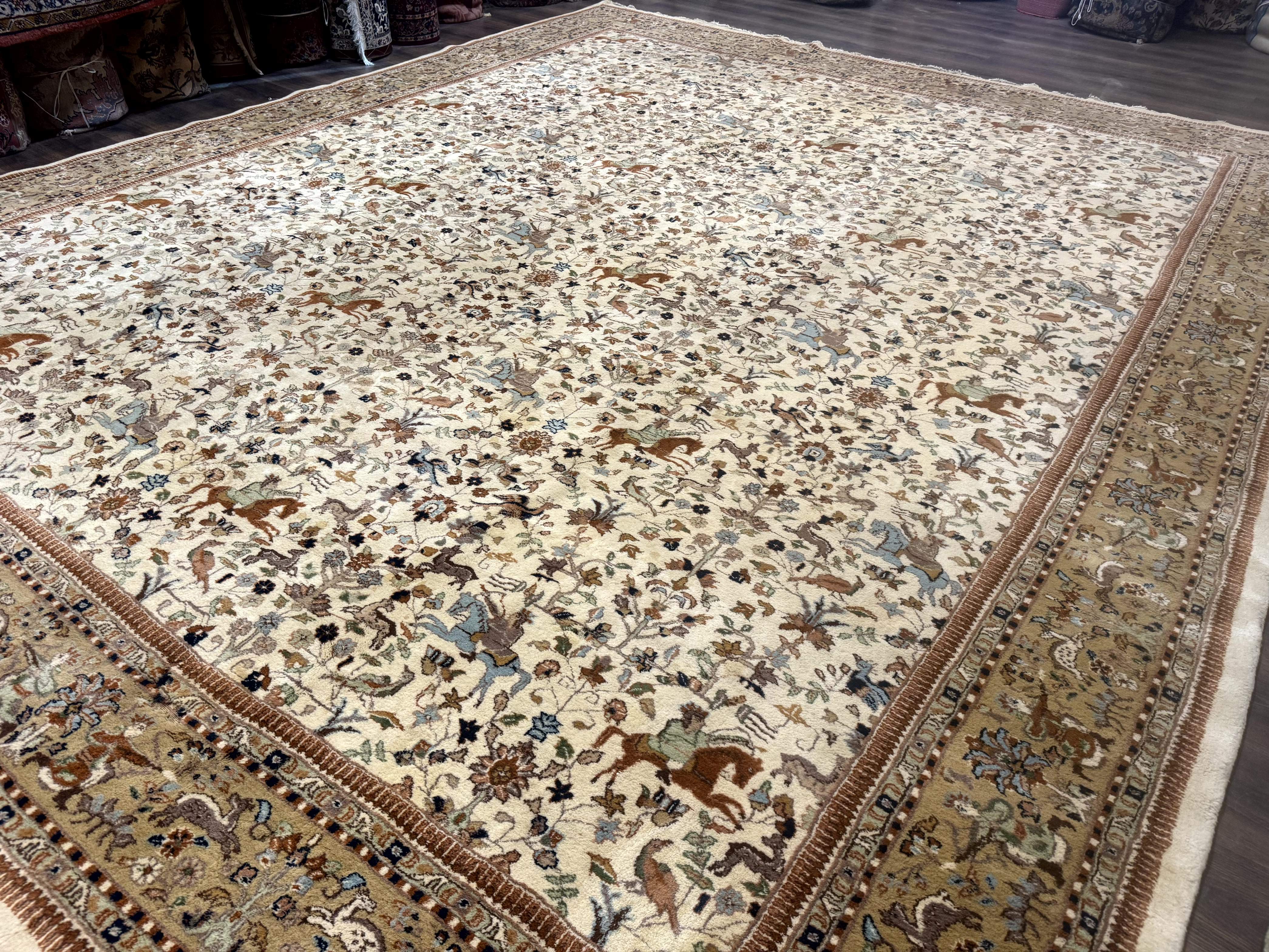 Palace Size Persian Tabriz Rug 12x15 – Beige and Tan, Hunting Design, Wool, Animal Pictorials - Jewel Rugs