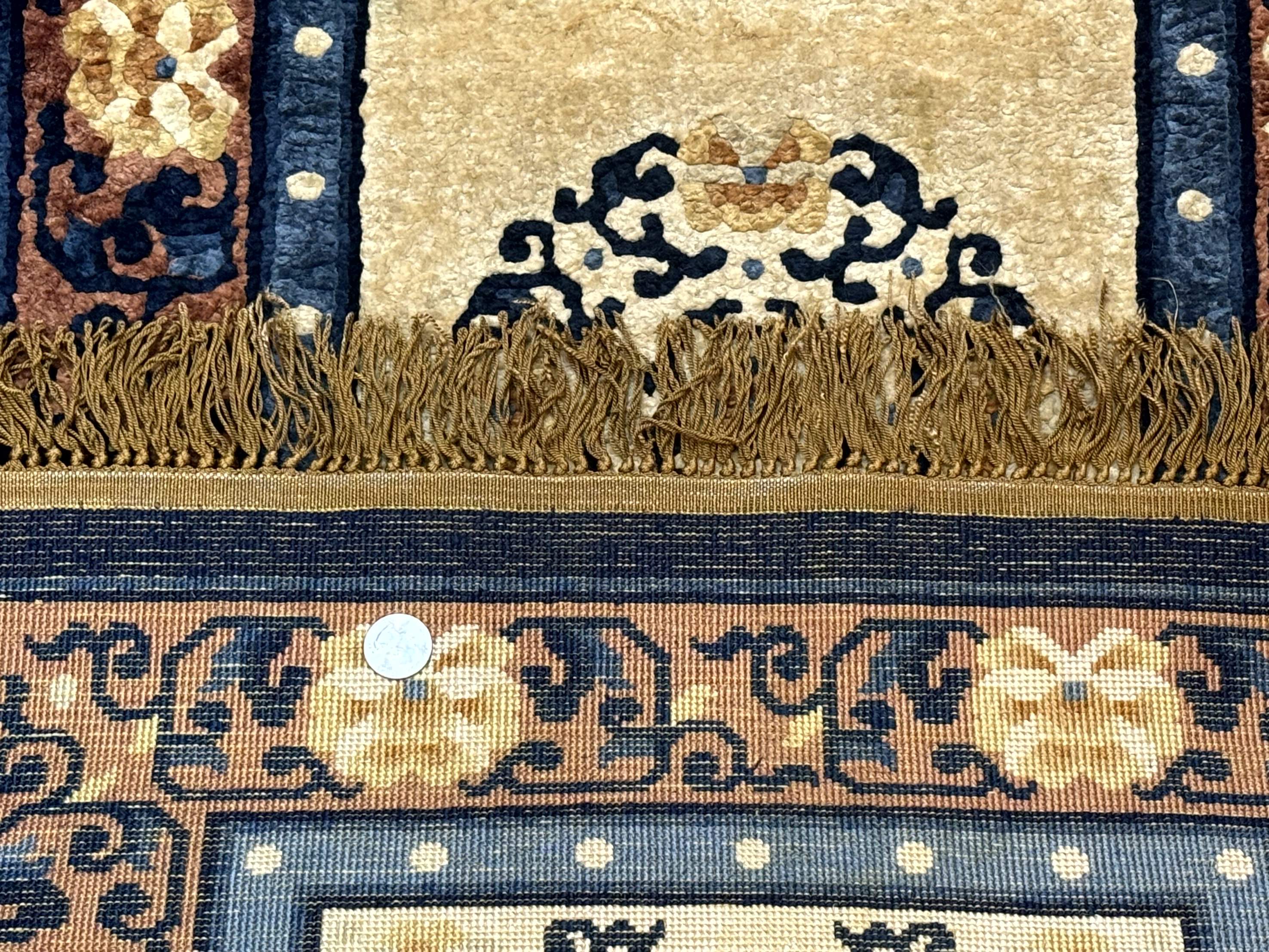 Silk Chinese Rug 2x4, Peking Carpet, Golden-Beige and Blue, Hand Knotted, Simple Design - Jewel Rugs