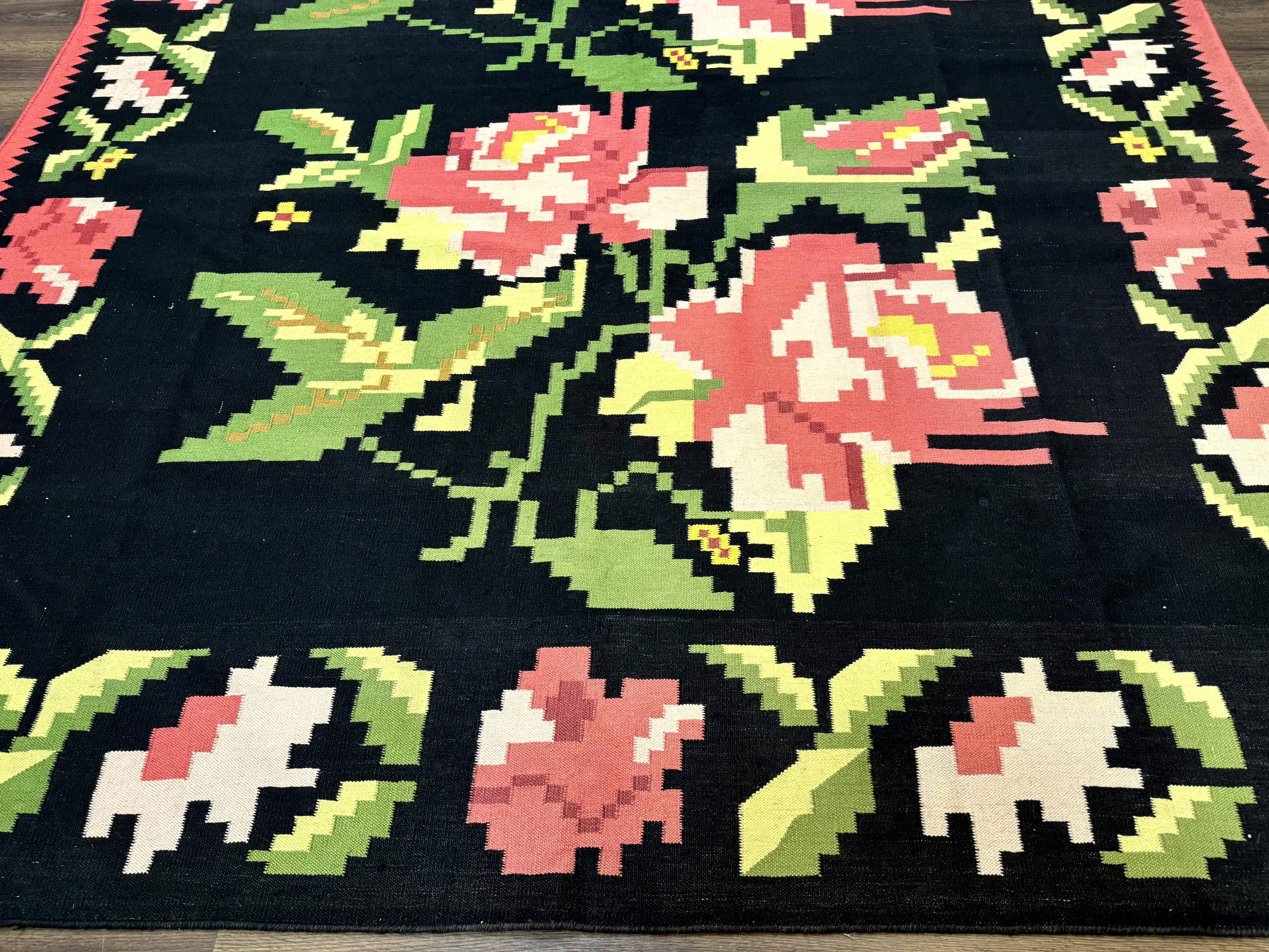 Large Indian Dhurrie Rug 8x10, Black Pink Green, 8 x 10 Kilim Rug, Handmade, Wool, Floral - Jewel Rugs