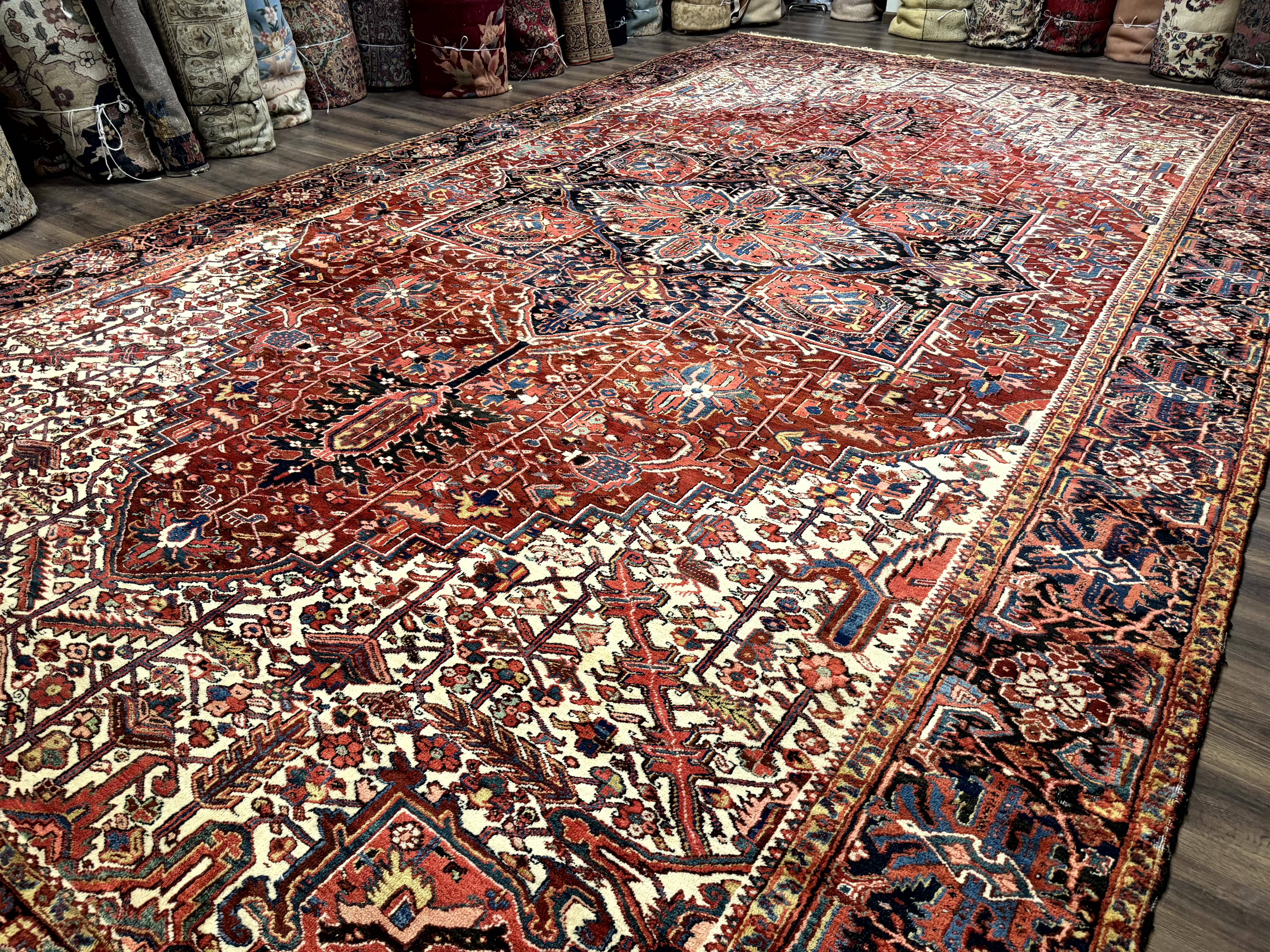 Palace Size Persian Heriz Rug 12x21 Wool Handmade Red Blue Ivory - Jewel Rugs