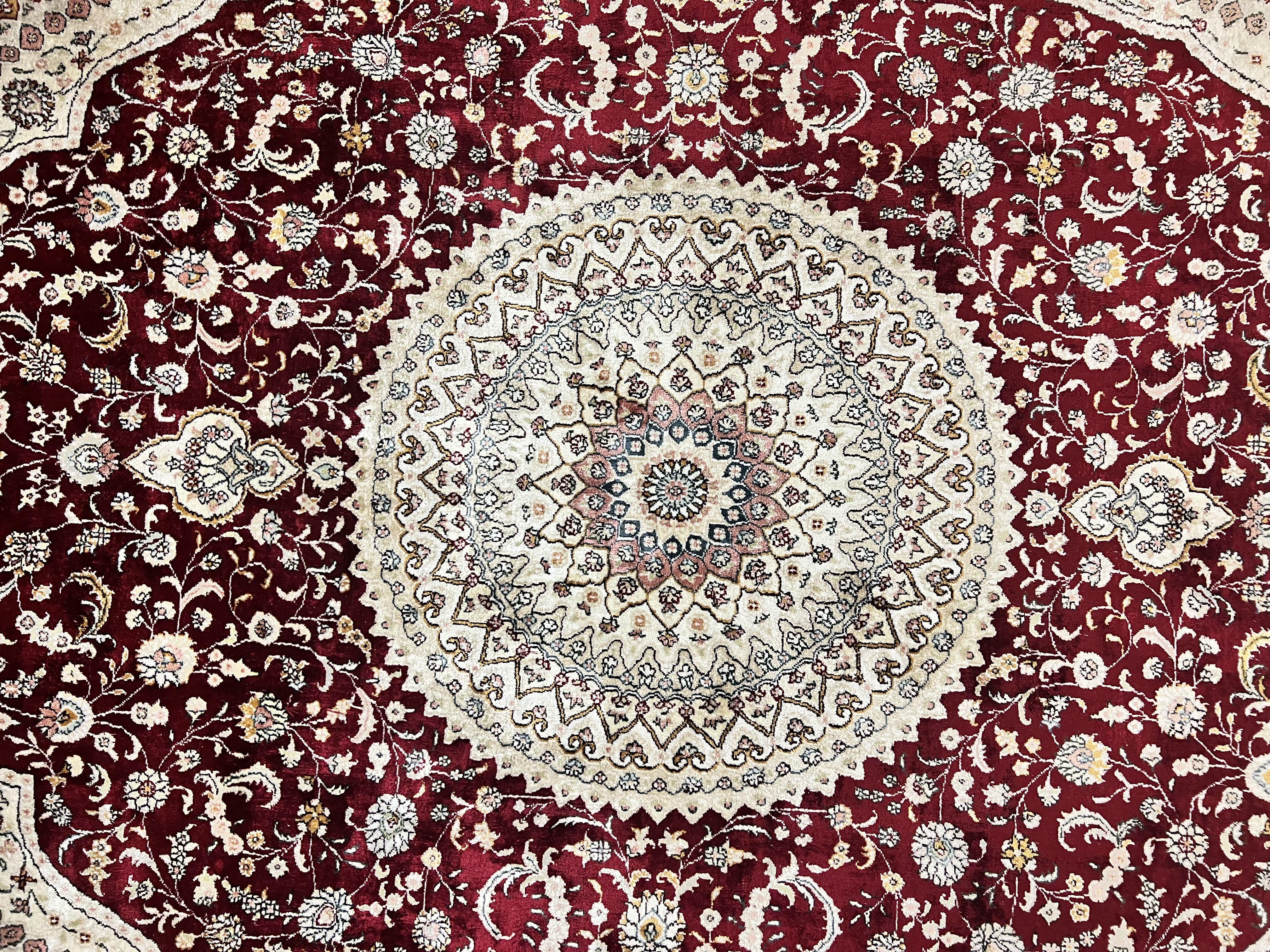 Silk Indian Kashmiri Rug 9x12, Room Sized Silk Carpet, Floral Medallion, Very Fine, Masterpiece Rug, Silk Oriental Rug, Dark Red & Cream Rug - Jewel Rugs