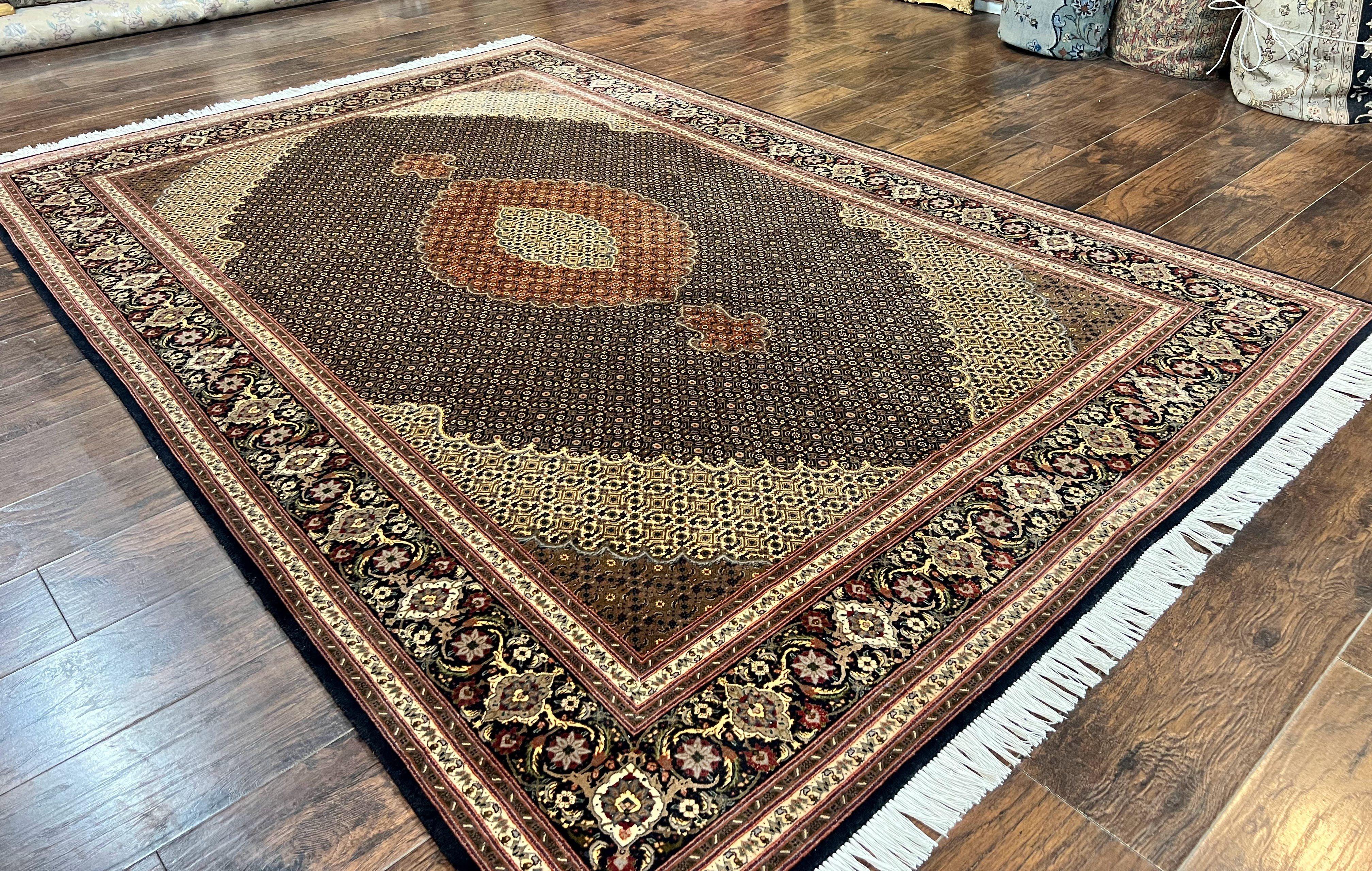 Persian Tabriz Rug 7x10, Very Fine 330 KPSI 50 Raj, Black and Beige, Handmade Wool Vintage Persian Carpet - Jewel Rugs